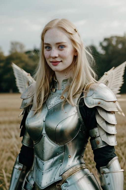 Ultra realistic photography of dbwl woman with many huge beauty marks on her natural pale white skin  ,    (medium shot:1.4) ,  (full body portrait:1.), 
 (SFW),  ((wings,( fractal armor))) , dressed, upper arms,   ((in frame)),

 ((fighting stance)),  natural (  pale light blonde eyelashes) , blue eyes, medieval background,
 detailed Natural pale white skin  with (many huge round beauty marks) , smile, light pale blonde eyebrows,
 happy, clean cheeks,
detailed, natural light blonde,  outdoors, sunny, high resolution, photograph, RAW photo, fr4ctal4rmor, [[sexy]]