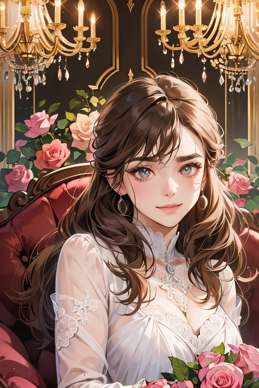 (masutepiece, Digital Art, Digital Illustration, 4K, 8K, Ultra-detailed, beautiful image, Sharp Image, Photorealistic, Raw photo, Perfect face, Perfect lines, Perfect eyes, Soft lighting) 1 woman, (lightbrown hair,Chignon Hair,Innocent look,drooping eyebrows,drooing eyes,with round face,Round jaws、Innocence,cute little,big eye,natural make up,kindly smile,E-cup,23 y-o woman:1.3),Two handsome men in suits, (ember,Men in suits,well-muscled,Firm shoulder width,Adult male,Boyish hairstyle,Man in his 30s with a cool expression,28-year-old man with bright smile:1.2),Antique furnishings,Antique Clamps,Antique chair,chandeliers,Crystal Glass,Luxury,fantastical light,Marble fireplace,(embarrassed from,Shy smile,Bouquet of pink roses:1.2),Antique sofa,Leather sofa,the kiss、kiss、a couple、couple kissing、Romance、one piece dress、