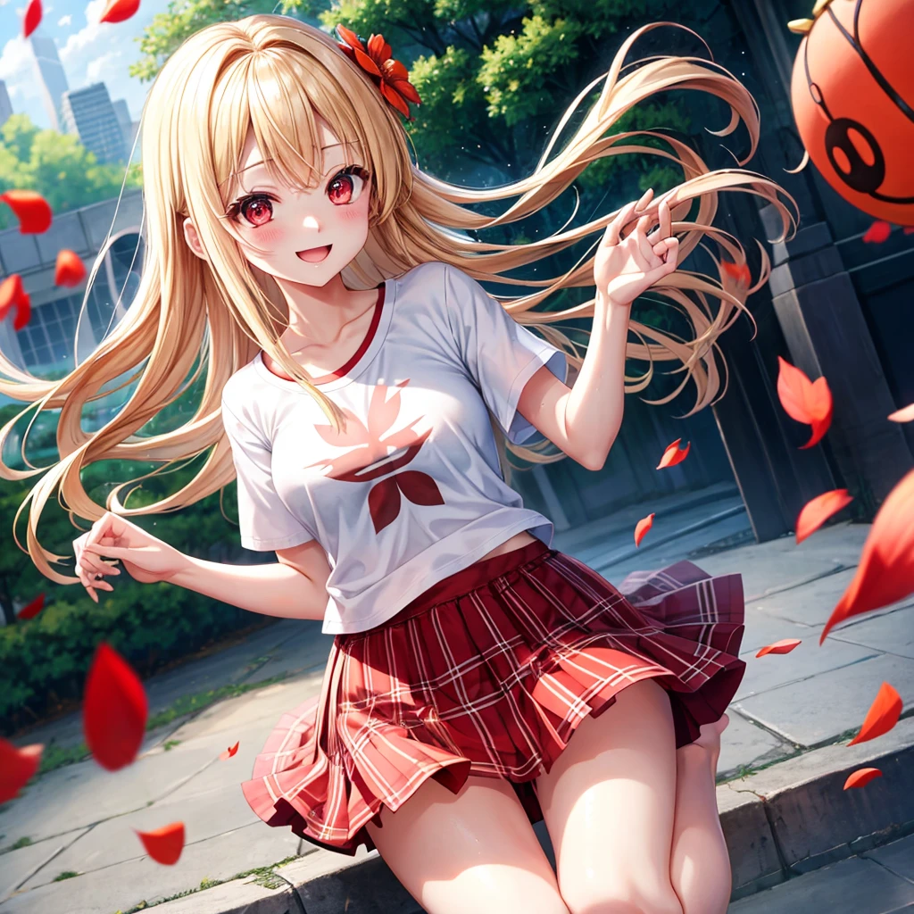 a blond、red eyes、1 pretty girl、animesque、lightly dressed、Plaid miniskirt、flower petals、bare-legged、wetting hair、T-shirt、jumpping、You、piece、Smiling