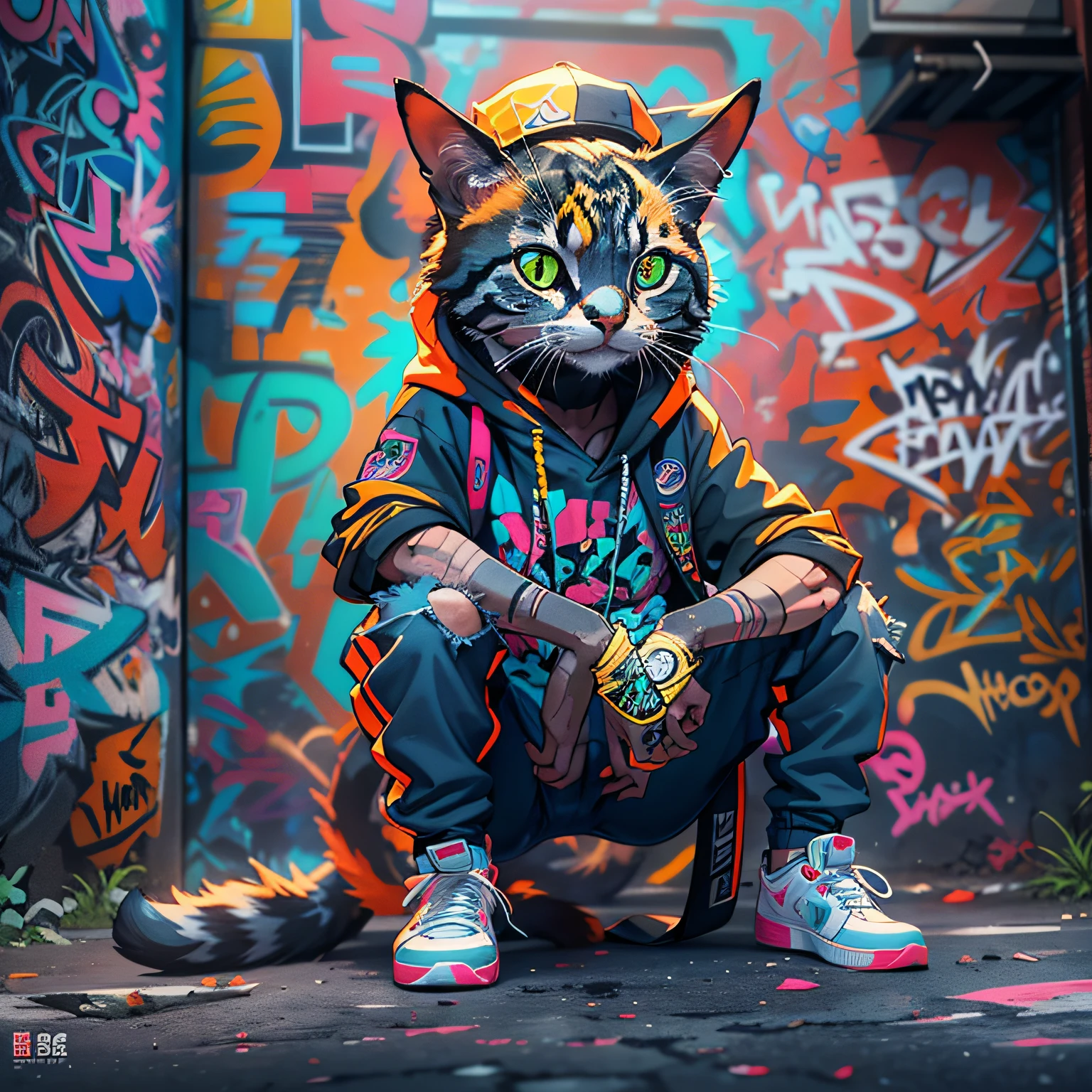 Neon colored cat in the back alley、(super detailing)、(8K)、((Hip hop fashion))、(graffiti wall)、(Whole body ESBIAN)、(Very rich facial details)、(detailed feets)、(Detailed hands)、(Cool face)、(sit on your knees)、(Put your arms on your knees)
