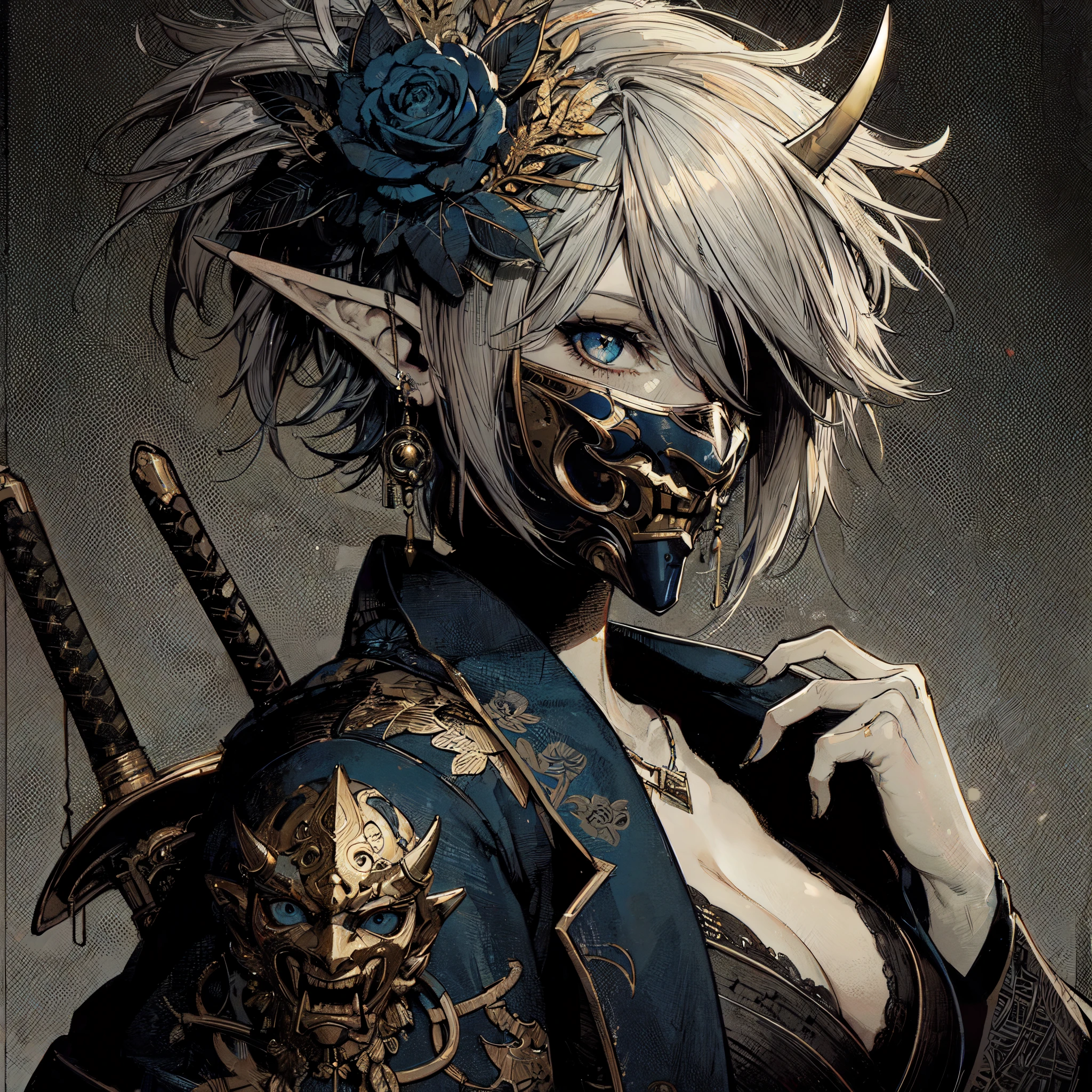 a Beautiful elf as a vintagepunk assassin's, dark grey background, blue and golden details, 1girl, white hair, short ponytail, [[messy hair]], wearing a Oni mask, artstation, hyperdetailed, beautiful lighting, artstation by James Jean, Moebius, Greg rutkowski, Alphonso Mucha, hyperdetailed