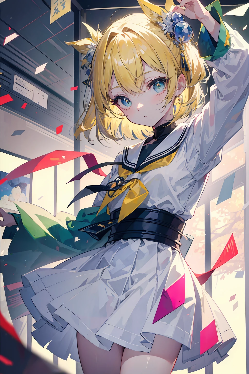 (masterpiece, beautiful, aesthetic, vibrant, official anime art, insane quality, 8k, 4k, intricate details, aesthetic, vibrant, 1girl), slightly short blonde hair, green eyes, japanese school uniform, japanese sailor uniform, perfect body, perfect face, perfect hands, beautiful eyes, detailed eyes, perfect eyes, (inside a classroom:1.2), hard light, cowboy shot, bokeh