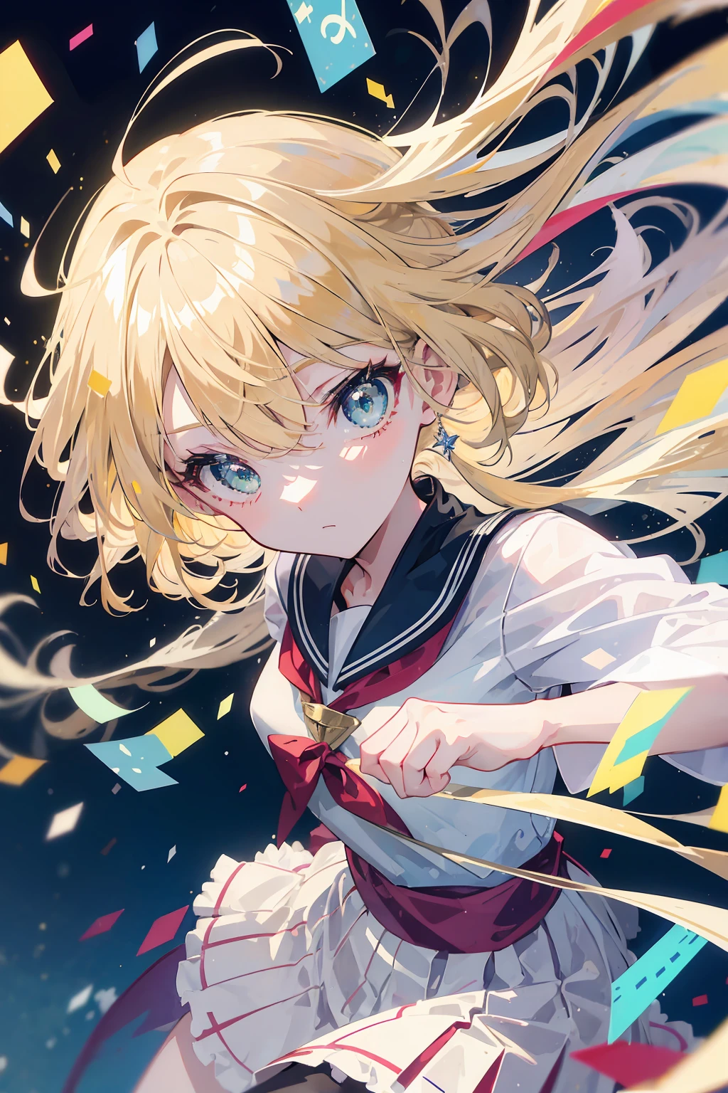 (masterpiece, beautiful, aesthetic, vibrant, official anime art, insane quality, 8k, 4k, intricate details, aesthetic, vibrant, 1girl), slightly short blonde hair, green eyes, japanese school uniform, japanese sailor uniform, perfect body, perfect face, perfect hands, beautiful eyes, detailed eyes, perfect eyes, (inside a classroom:1.2), hard light, cowboy shot, bokeh