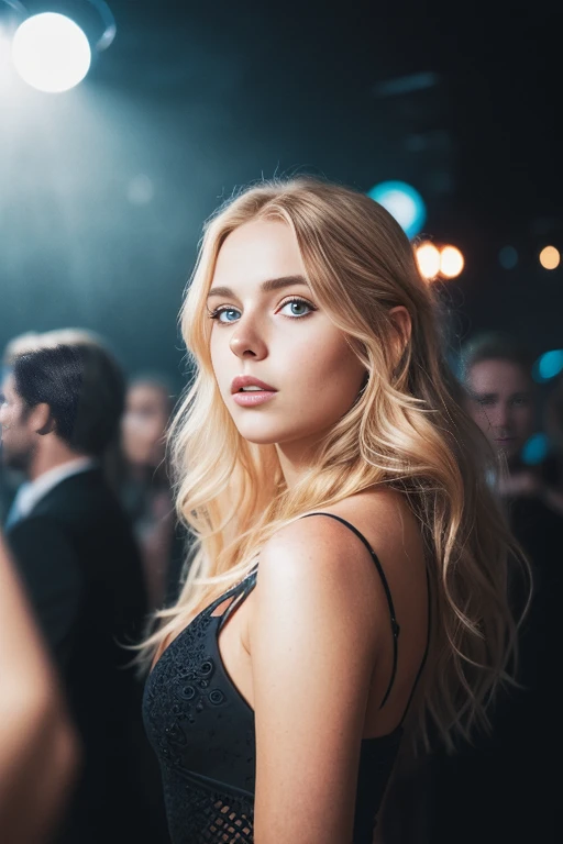 photo of gorgeous Norwegian girl in hot dress, black dress, open neckline, with long wavy blonde hair, sultry flirty look (freckles), gorgeous symmetrical face, cute natural makeup, in elegant black dress with open neckline, party girl, a crowd of people around her, people are partying, partying ((standing in a disco)), stunning modern urban environment, ultra-realistic, concept art, elegant, highly detailed, intricate, sharp focus, depth of field, f/1. 8, 85 mm, medium shot, medium shot, (((professional color correction))), disco light, (volumetric fog), in Instagram trends, HD