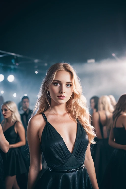 photo of gorgeous Norwegian girl in hot dress, black dress, open neckline, with long wavy blonde hair, sultry flirty look (freckles), gorgeous symmetrical face, cute natural makeup, in elegant black dress with open neckline, party girl, a crowd of people around her, people are partying, partying ((standing in a disco)), stunning modern urban environment, ultra-realistic, concept art, elegant, highly detailed, intricate, sharp focus, depth of field, f/1. 8, 85 mm, medium shot, medium shot, (((professional color correction))), disco light, (volumetric fog), in Instagram trends, HD