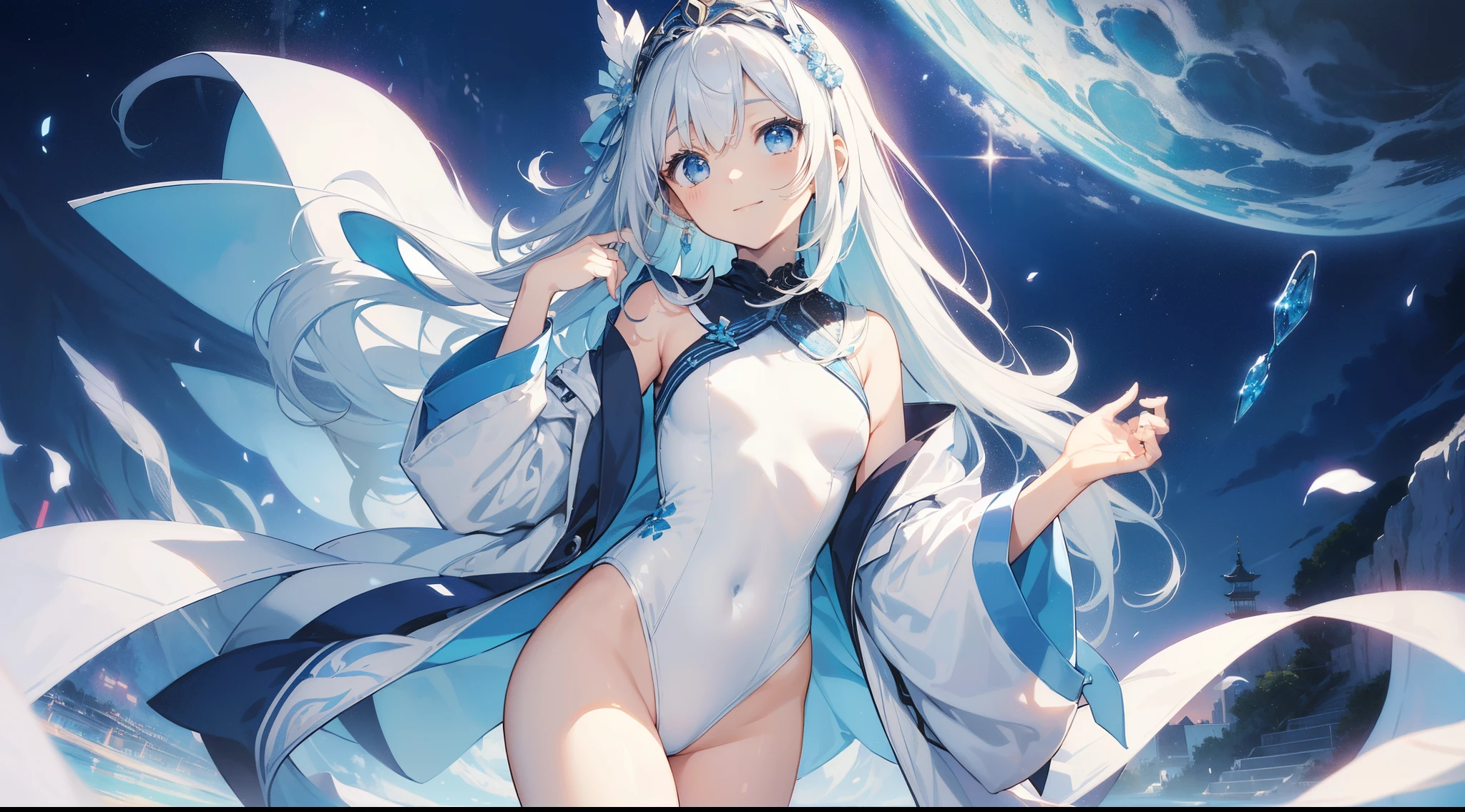 ((masterpiece:1.4、top-quality:1.2))、1girl in、solofocus、delicated face、Highly detailed anime faces and eyes、(Blur the background:1.3、(transform sequence)、((stright long hair))、Soio、Soio、a girl、japanes、Lori、Chiquita、elementary red、((white and blue leotard))、(highleg)、Tiara on the head、A smile、is standing、Facing the front、