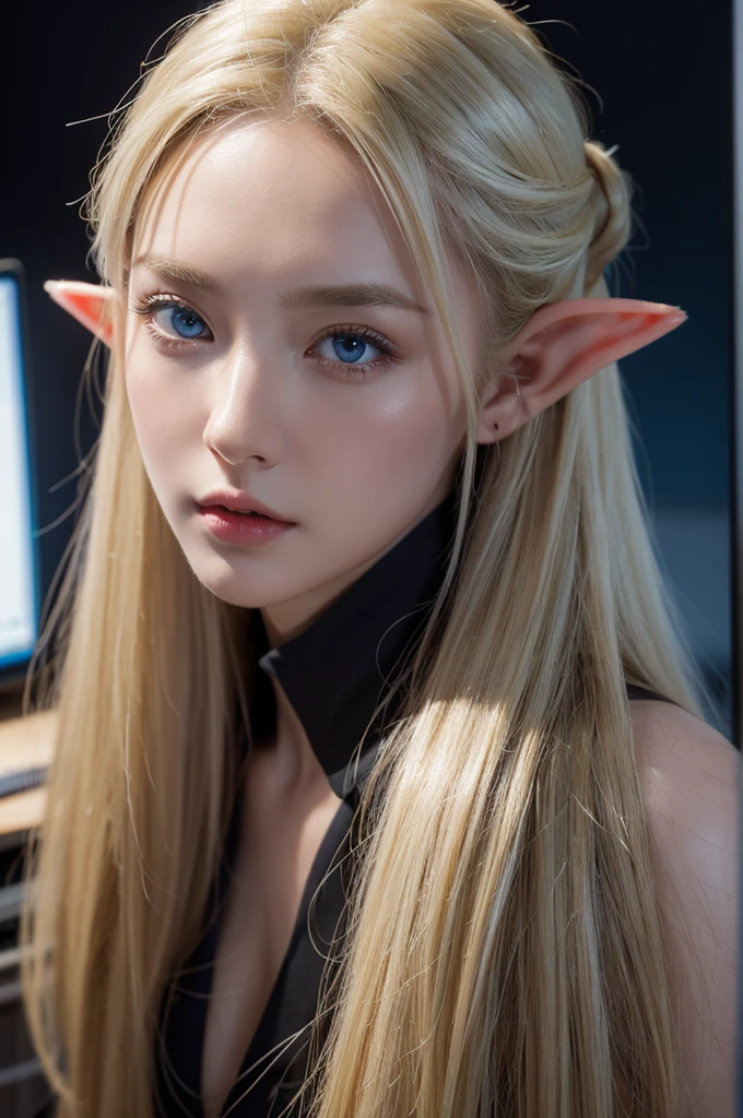 Elf beauty with elongated ears, big breasts, slender figure, slitted blue eyes, blonde hair, semi-long hair up, black shirt, grey suit, working at desk with computer, serious expression,
Ultra realistic, realistic capture, high detail, high resolution 16K human skin close-up Skin texture must be natural, pores so detailed that they can be finely identified, Mix4, 20d, SOLO, full body, look-at viewer, (8K, shot RAW, top quality 1), (Real Photo 2), (Real Photo Realistic: 1.37), professional lighting, photon mapping, radiosity, physics-based rendering.