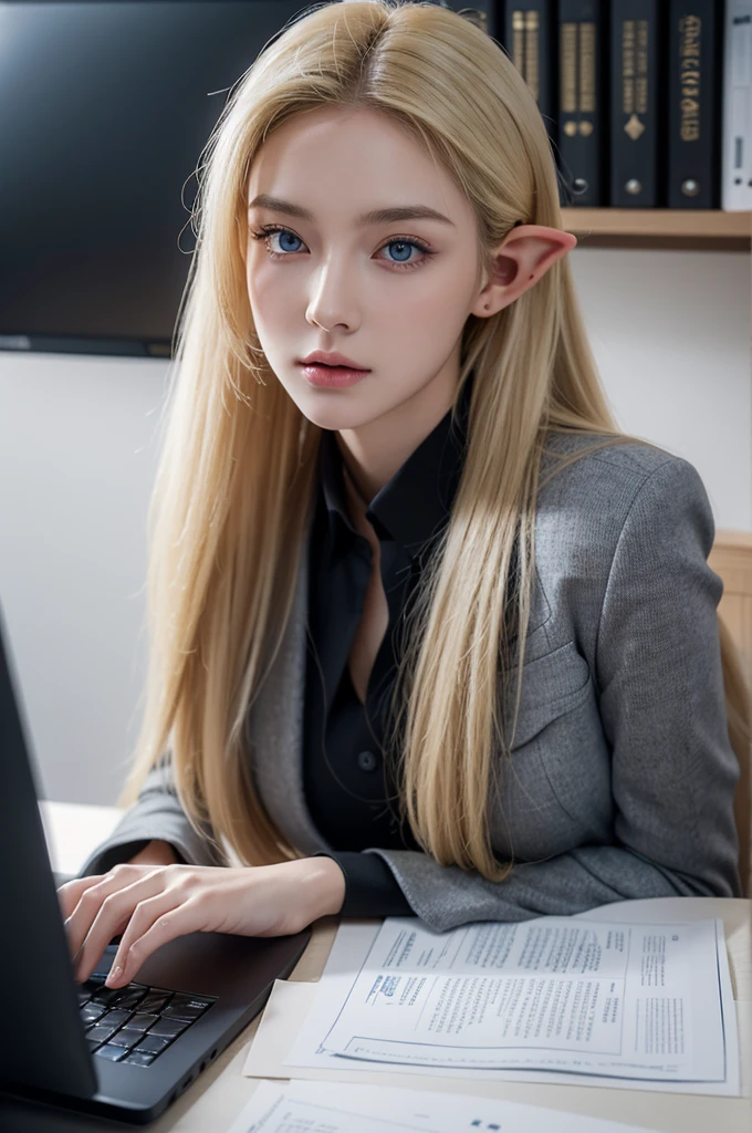 Elf beauty with elongated ears, big breasts, slender figure, slitted blue eyes, blonde hair, semi-long hair up, black shirt, grey suit, working at desk with computer, serious expression,
Ultra realistic, realistic capture, high detail, high resolution 16K human skin close-up Skin texture must be natural, pores so detailed that they can be finely identified, Mix4, 20d, SOLO, full body, look-at viewer, (8K, shot RAW, top quality 1), (Real Photo 2), (Real Photo Realistic: 1.37), professional lighting, photon mapping, radiosity, physics-based rendering.