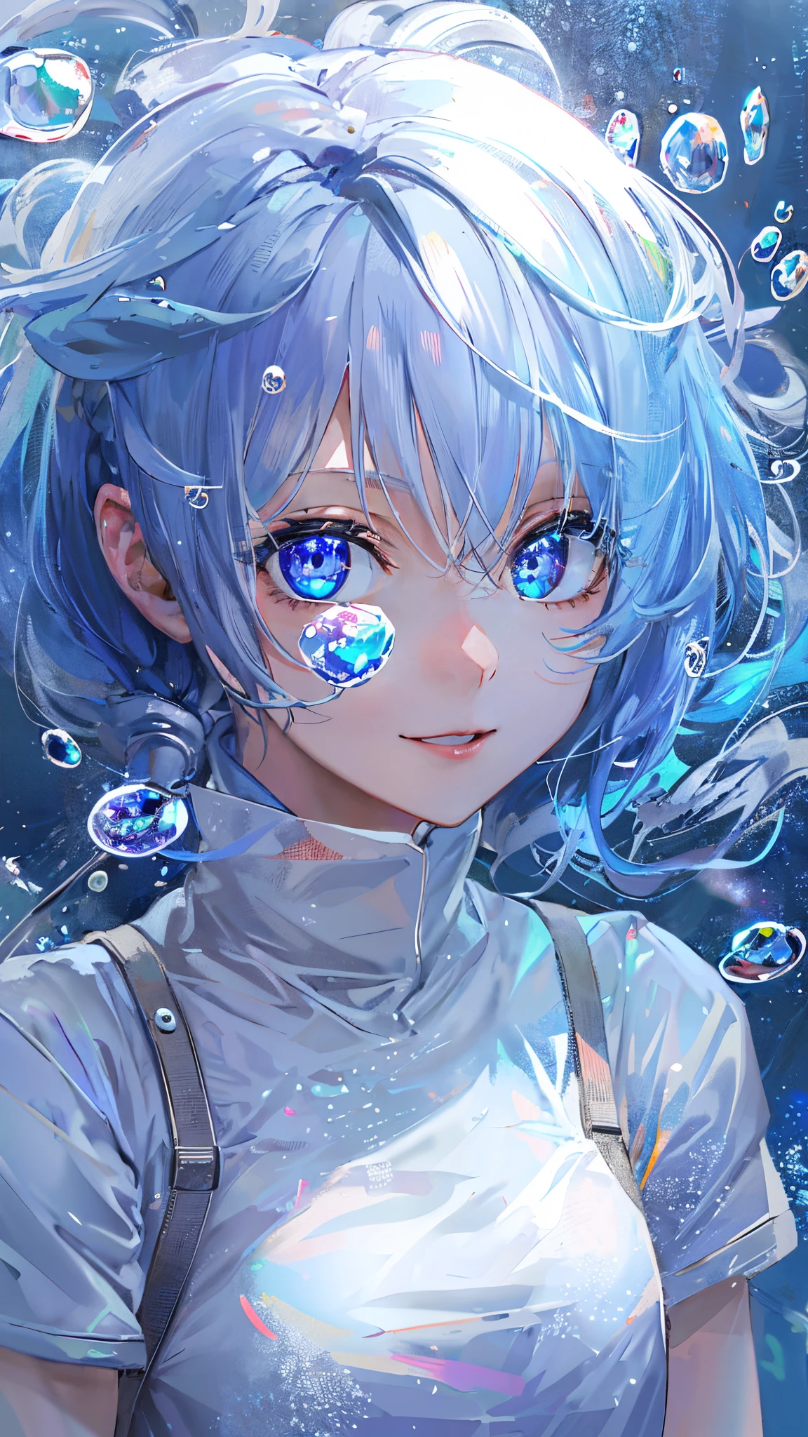 ((top-quality)), ((​masterpiece)), ((ultra-detailliert)), (Extremely delicate and beautiful), girl with, 独奏, cold attitude,((Black jacket)),She is very(relax)with  the(Settled down)Looks,depth of fields,Evil smile,Bubble, under the water, Air bubble,Underwater world bright light blue eyes,inner color with bright gray hair and light blue tips,,,,,,,,,,,,,,,Cold background,Bob Hair - Linear Art, shortpants、knee high socks、White uniform like school uniform、Light blue ribbon ties、Clothes are sheer、Hands in pockets、Bright eyes like sapphire,Fronllesse Blue, A small blue light was floating、fantastic eyes、selfy,Self-shot