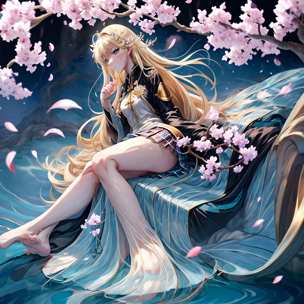 a blond、blue eyess、one good looking girl、animesque、lightly dressed、Plaid miniskirt、flower petals、bare-legged、wetting hair、Black T-shirt、sitting on、sea of clouds、large tree、large tree、large tree