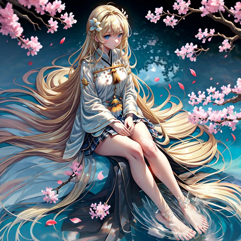 a blond、blue eyess、one good looking girl、animesque、lightly dressed、Plaid miniskirt、flower petals、bare-legged、wetting hair、Black T-shirt、sitting on、sea of clouds、large tree、large tree、large tree