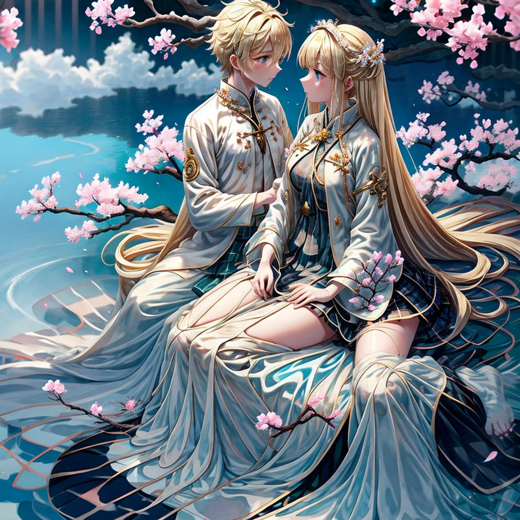 a blond、blue eyess、one good looking girl、animesque、lightly dressed、Plaid miniskirt、flower petals、bare-legged、wetting hair、Black T-shirt、sitting on、sea of clouds、large tree、large tree、large tree