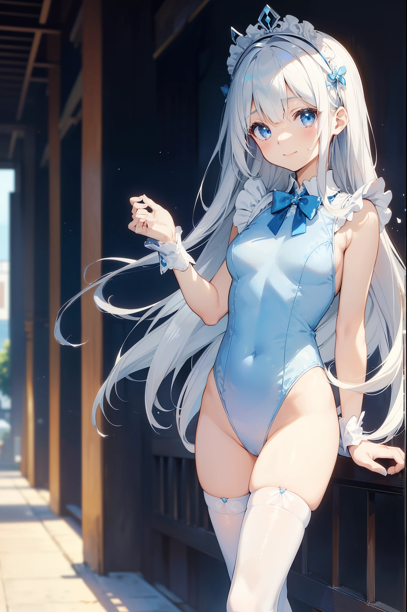 ((​masterpiece:1.4、top-quality:1.2))、1girl in、solofocus、delicated face、Highly detailed anime faces and eyes、(Blur the background：1.3、(transform sequence)、((stright long hair))、Soio、Soio、a 14 year old girl、japanes、Lori、Chiquita、elementary student、A dark-haired、((White and blue maid style leotard))、（highleg）、Tiara on the head、A smile、is standing、Facing the front、