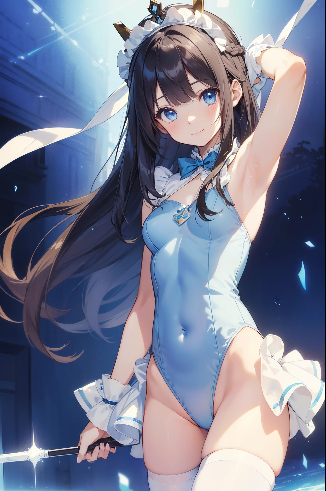 ((masterpiece:1.4、top-quality:1.2))、1girl in、solofocus、delicated face、Highly detailed anime faces and eyes、(Blur the background:1.3、(transform sequence)、((stright long hair))、Soio、Soio、a girl、japanes、Lori、Chiquita、elementary red、((White and blue maid style leotard))、(highleg)、Tiara on the head、A smile、is standing、Facing the front、