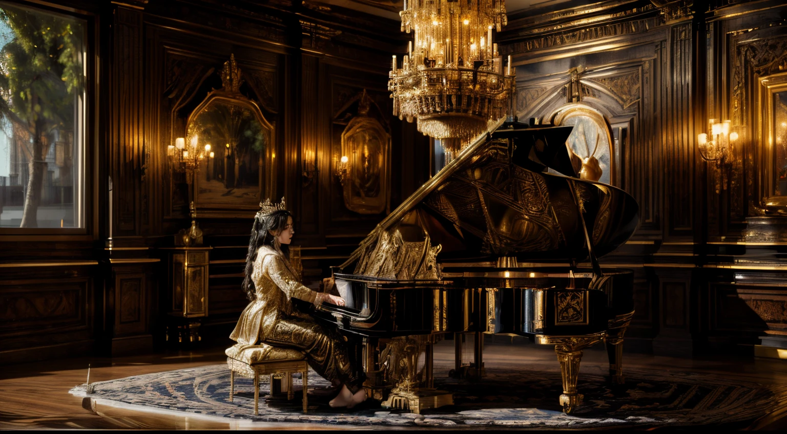 a majestic emperor playing the piano in a grand palace,royal attire,impressive crown,ornate decorations,elaborately carved wooden piano,long and delicate fingers gracefully touching the keys,enchanted by the melodic sound,rich and luxurious interior,grand chandelier illuminating the room,exquisite tapestries and paintings adorning the walls,royal guards standing solemnly nearby,the mesmerizing music filling the air,(best quality,4k,highres,masterpiece:1.2),ultra-detailed,realistic:1.37,HDR,UHD,professional,vivid colors,bokeh,classical music,baroque style,rich and warm color palette,soft and diffused candlelight.