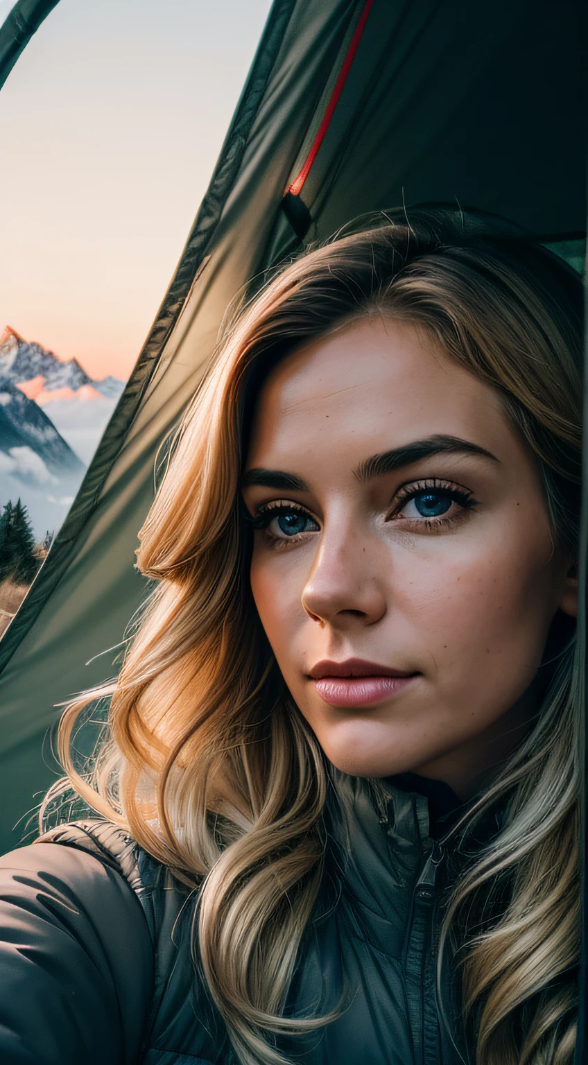 1 woman, American, beautiful, ((upper body selfie, happy)), Filming in a tent, Beautiful backlight, Tent Open Sign,Masterpiece, Best Quality, Ultra-detailed, Solo, exteriors, (natta), mountains, Nature, (sao, the moon) cheerful, happy,, Cosy in a sleeping bag, Inside the tent, When you open the tent, You can see some nice horsemen outside.., woods, rock formations, rivers, wood, smoke, shadowy, contrast, clear skies, analog style (looking up at viewer:1.2) (skin texture) (film grain:1.3), (warm hue, warm tone:1.2), close-up, Cinematic light, Sidelighting, The ultra-Highres, best shadows, ..raw, upper half body, wearing pullover, Relaxed and intimate photos, blonde hairs,