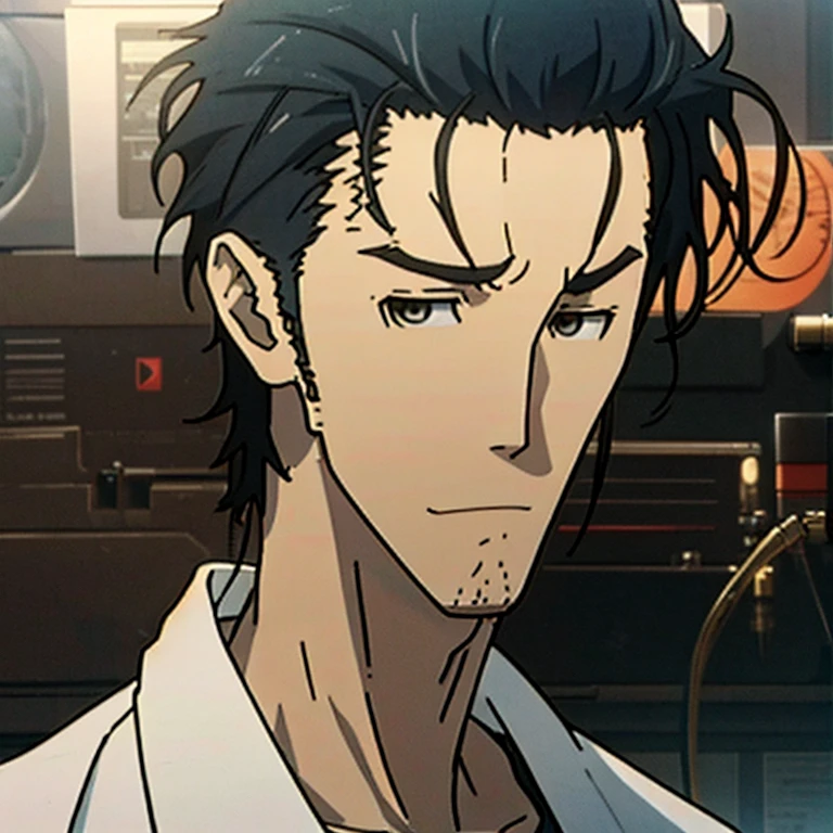 Generate diverse images of Hiroshi Suzuki, a brilliant and eccentric scientist with a personality reminiscent of Rintaro Okabe from Steins;Gate, Calm and collected, engaged in scientific work.