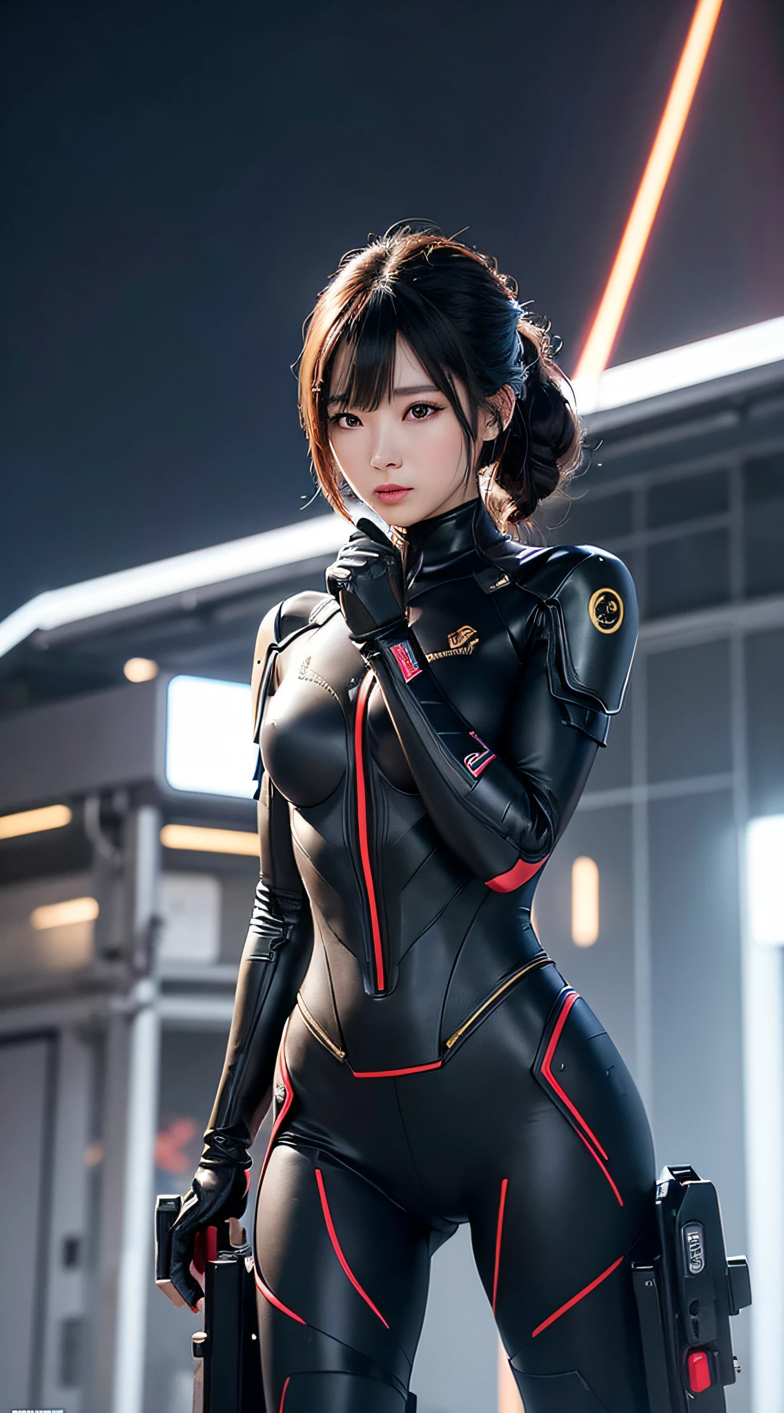 Woman standing in front of a group of robots, beautiful android woman, Storms and epic war scenes, Girl in suit, Complex fashion clothes, Beautiful Japan Woman、Highly detailed facial and skin texture、A detailed eye、二重まぶた、Beautiful Female Soldier