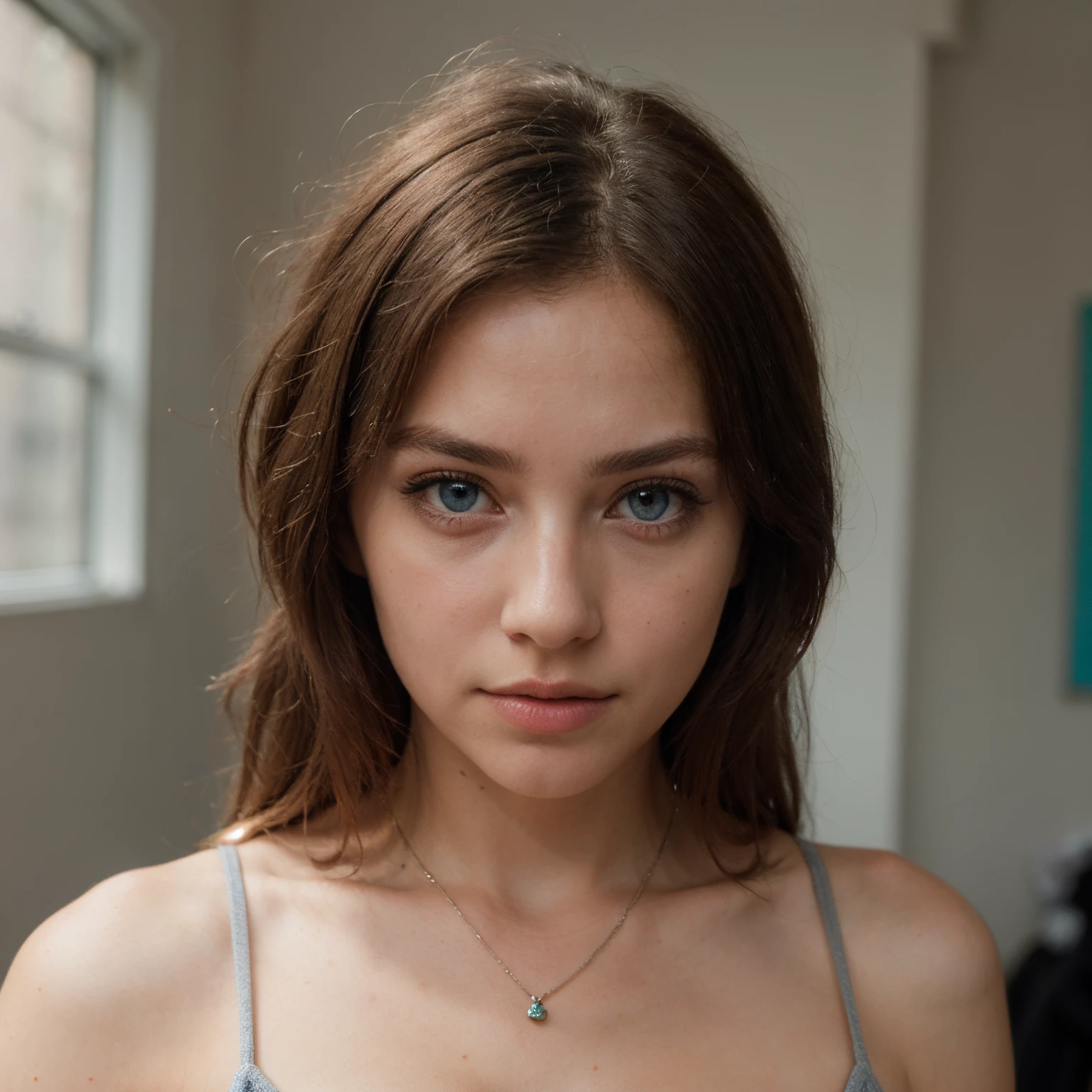 (Please generate an image of a young woman wearing a t shirt and a necklace. She has brown hair, big, blue eyes, and a subtle, natural makeup look. The selfie should show her without visible makeup, and she should be looking directly into the camera. The face should appear realistically natural. The full-body shot of this attractive woman should feature a striking pose, and she has piercing blue eyes. The girl has a sweet demeanor, and the pose should also be sweet. Please ensure that the entire body of the woman is visible in the image. The background should be clear and uncluttered. The details of the image should be of high quality(best quality)), ((masterpiece)), (detailed), perfect face