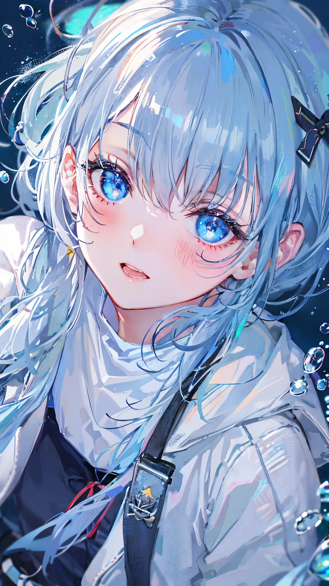 ((top-quality)), ((masterpiece)), ((ultra-detailliert)), (Extremely delicate and beautiful), girl with, 独奏, cold attitude,((Black jacket)),She is very(relax)with the(Settled down)Looks,depth of fields,Evil smile,Bubble, under the water, Air bubble,Underwater world bright light blue eyes,inner color with bright gray hair and light blue tips,,,,,,,,,,,,,,,,Cold background,Bob Hair - Linear Art, shortpants、knee high socks、White uniform like school uniform、Light blue ribbon ties、Clothes are sheer、Hands in pockets、Bright eyes like sapphire,Fronllesse Blue, A small blue light was floating、fantastic eyes、selfy,Self-shot