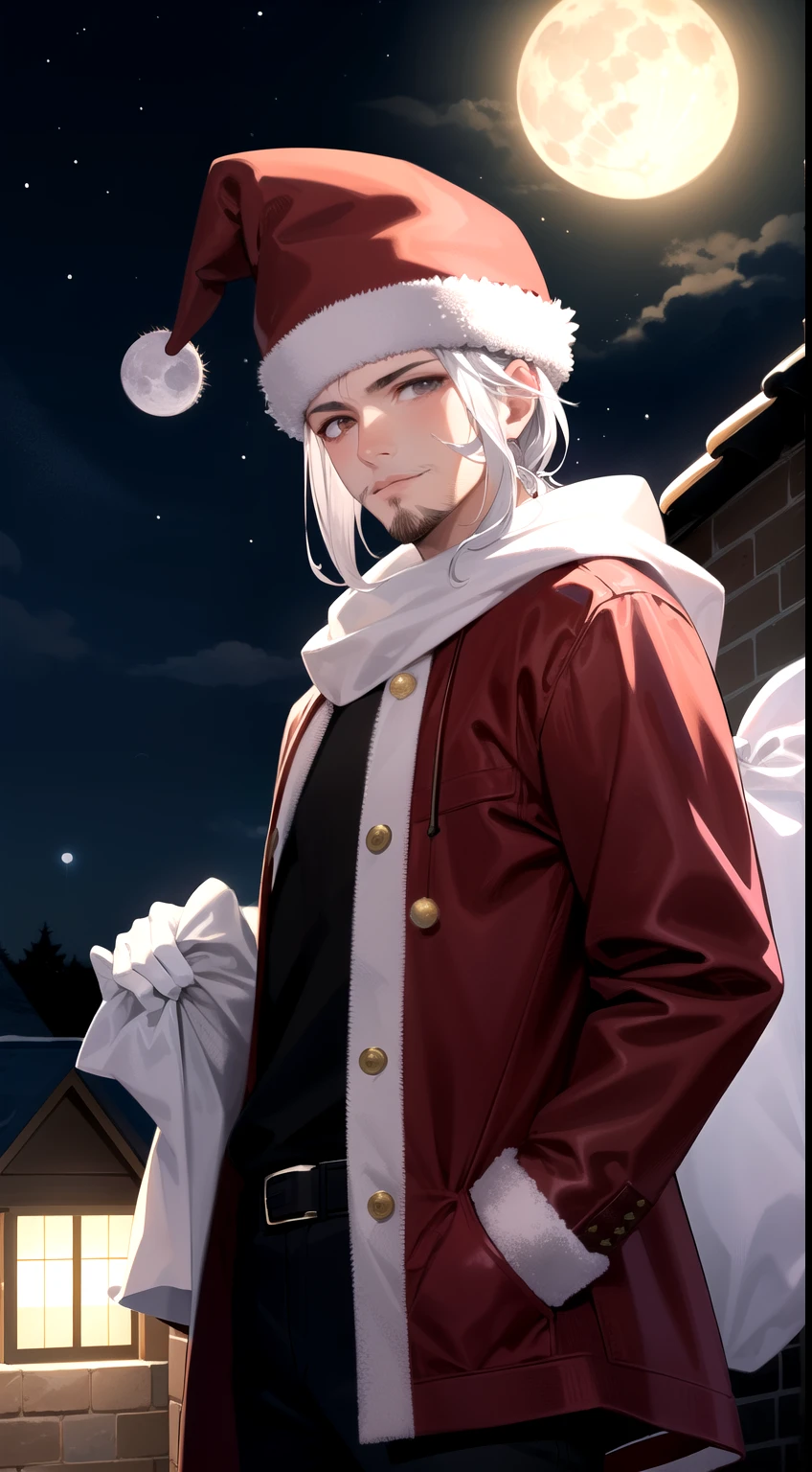 1boy, male focus, moon, solo, hat, santa hat,santa cloth, facial hair, night, full moon, gloves, stubble, sky,white hair,holding sack, night sky, outdoors, christmas, hand in pocket, looking at viewer, ,rooftop