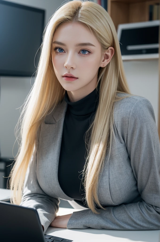 Elongated ears, big breasts, slender figure, slitted blue eyes, blonde hair, semi-long hair up, black shirt, grey suit, desk job at computer, serious expression, ceiling,
Ultra realistic, realistic capture, high detail, high resolution 16K human skin close-up Skin texture is natural, pores are detailed enough to be finely identified, Mix4, 20d, SOLO, full body, Look at viewer, (8K, RAW shot, highest quality 1), (Real Photo 2), (Real Photo realism: 1.37), professional lighting, photon mapping, radiosity, physics-based rendering.