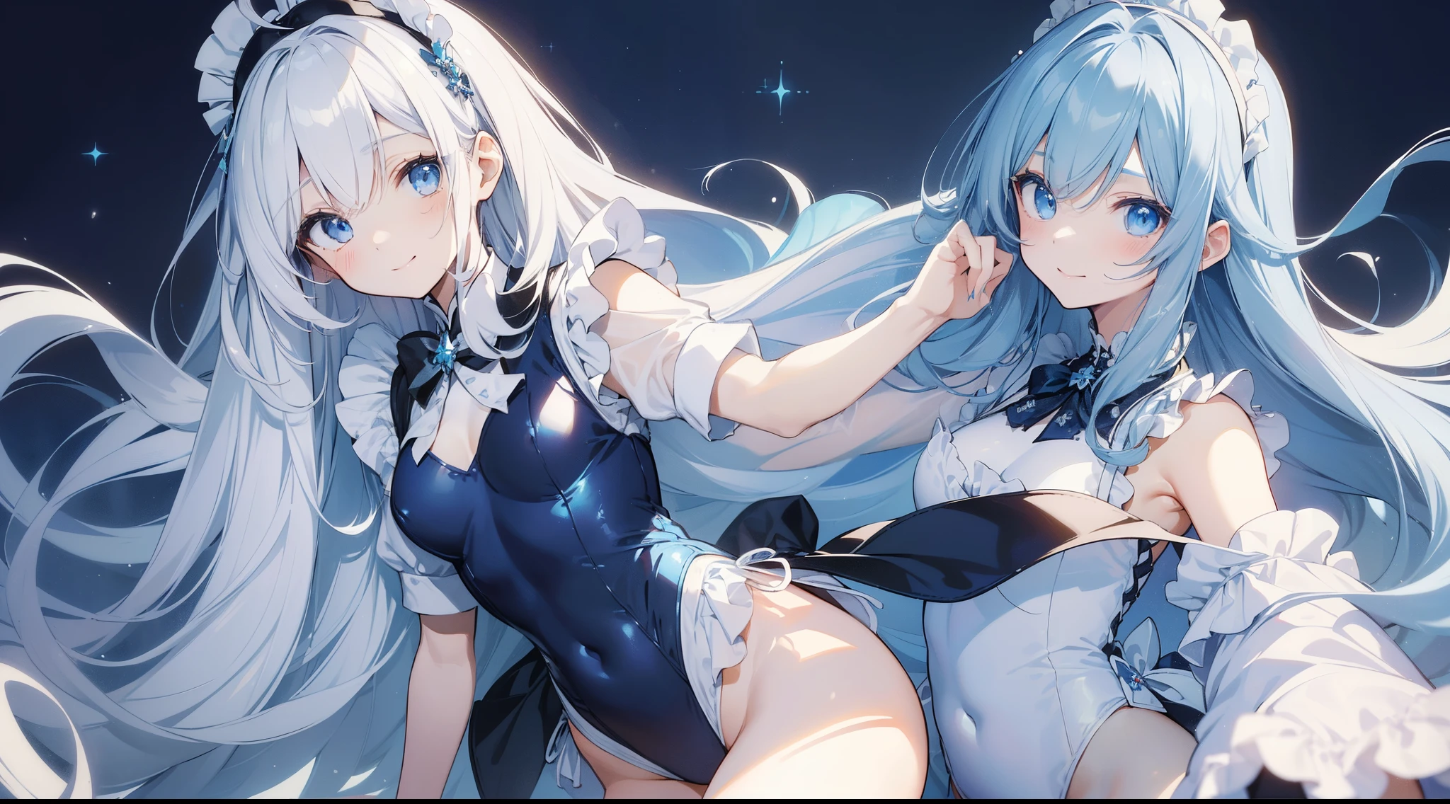 ((masterpiece:1.4、top-quality:1.2))、1girl in、solofocus、delicated face、Highly detailed anime faces and eyes、(Blur the background:1.3、(transform sequence)、((stright long hair))、Soio、Soio、a 14 year old girl、japanes、Lori、Chiquita、a junior high school student、A dark-haired、((White and blue maid style leotard))、(highleg)、Tiara on the head、A smile、is standing、Facing the front、