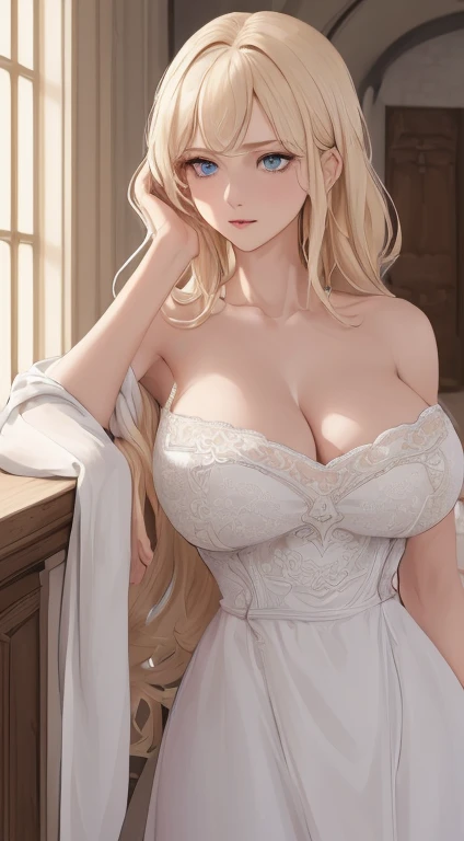 ((top quality, 8k, masterpiece: 1.3)), portrait of elegant mature woman, highres, 1girl, beautiful long hair, parted bangs hair, light blonde hair, light blue eyes, gorgoeus eyes, loose white dress, tall figures, wide shoulder, wide chest, inside castle, big breast, cleavage, elegant posture, loving expression, warm lighting