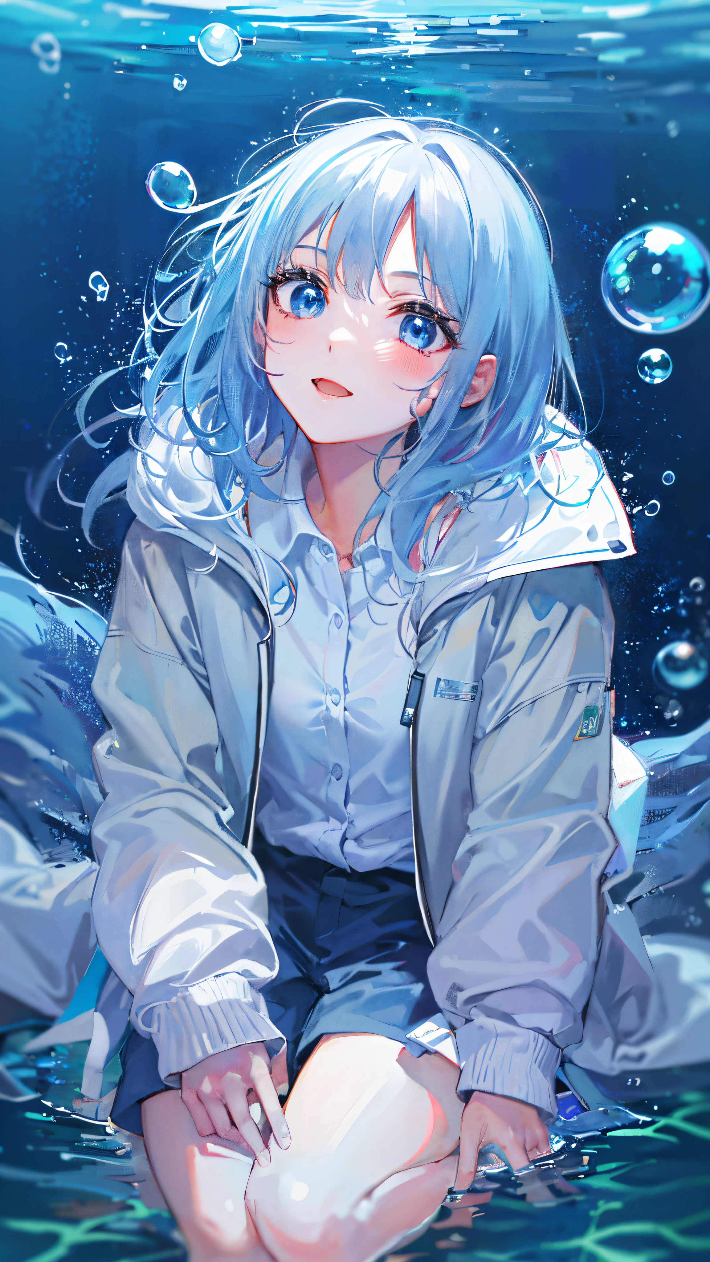 ((top-quality)), ((masterpiece)), ((ultra-detailliert)), (Extremely delicate and beautiful), girl with, 独奏, cold attitude,((Black jacket)),She is very(relax)with the(Settled down)Looks,depth of fields,Evil smile,Bubble, under the water, Air bubble,Underwater world bright light blue eyes,inner color with bright gray hair and light blue tips,,,,,,,,,,,,,,,,,Cold background,Bob Hair - Linear Art, shortpants、knee high socks、White uniform like school uniform、Light blue ribbon ties、Clothes are sheer、Hands in pockets、Bright eyes like sapphire,Fronllesse Blue, A small blue light was floating、fantastic eyes、selfy,Self-shot