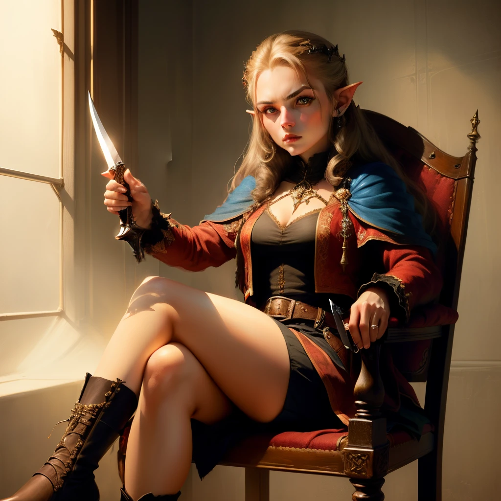 Female halfling, vampire, sitting in a chair, holding a dagger, stern look