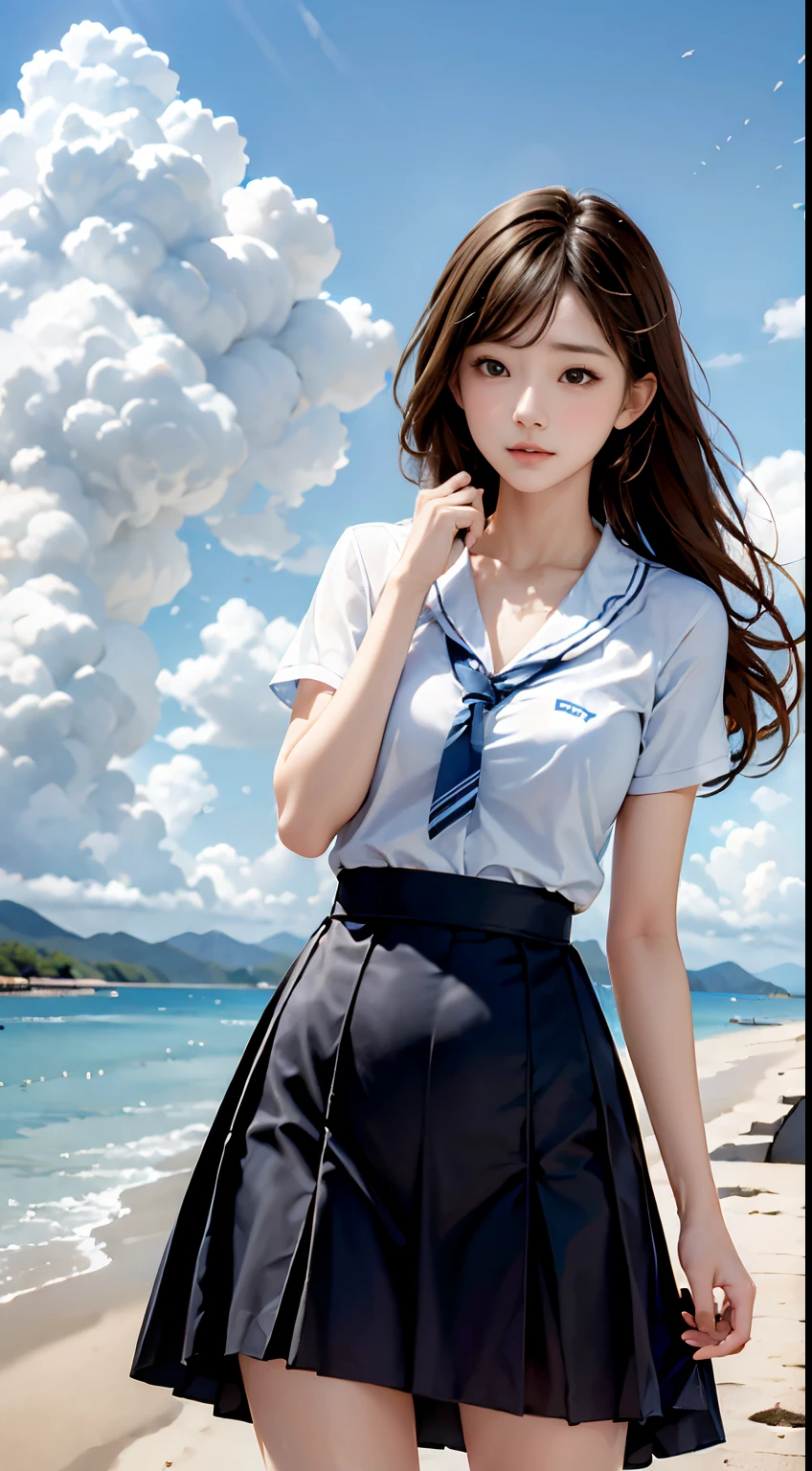 (Best quality, high resolution, Masterpiece :1.3), one pretty woman,
Against the background of orange sunset sky，Clouds and the sun sink into the sea, Sitting in a school uniform was a beautiful high school girl. Her hair is light brown, It is medium Bob style. She wore a white shirt and pleated skirt as part of her uniform. She sat with her legs apart, Her eyes were glued to the camera. Create this scene from a low-angle shot.