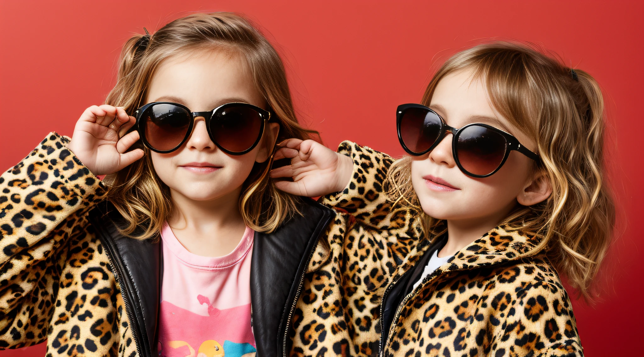 blonde girl with leopard coat and sunglasses covering her face, with sun glasses, wearing cool sunglasses, , fundo vermelho.