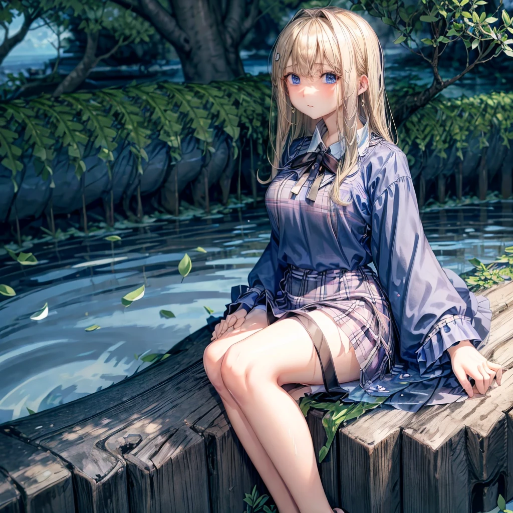 a blond、blue eyess、one good looking girl、animesque、lightly dressed、Plaid miniskirt、flower petals、bare-legged、wetting hair、Black T-shirt、sitting on、sea of clouds、large tree、large tree、large tree