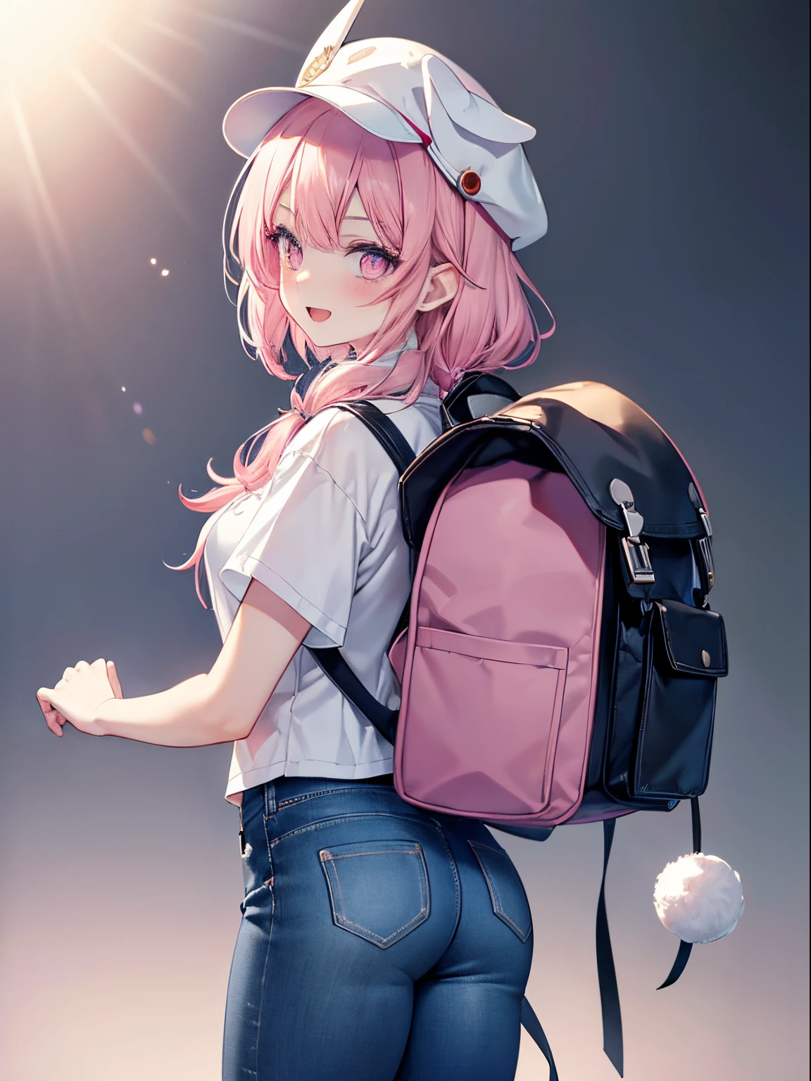 masutepiece, Highest Quality, (Perfect face:1.1), (high detailing:1.1), (ultradetailed eyes), Dramatic, superfine illustration, Extremely detailed,1girl in, (pale skin), Smile, Happy, Laugh, Enjoy, Open mouth, gloweyes,pinkhair, (Twin-tailed),Ethereal eyes, pink eye,(light eyebrow),blush, Solo,Pouty lips,Cinematic lighting,Cowboy Shot,White cropped T-shirt, blue wide jeans,Rabbit eared cap, Rucksack with a rabbit doll attached,Simple background,form back