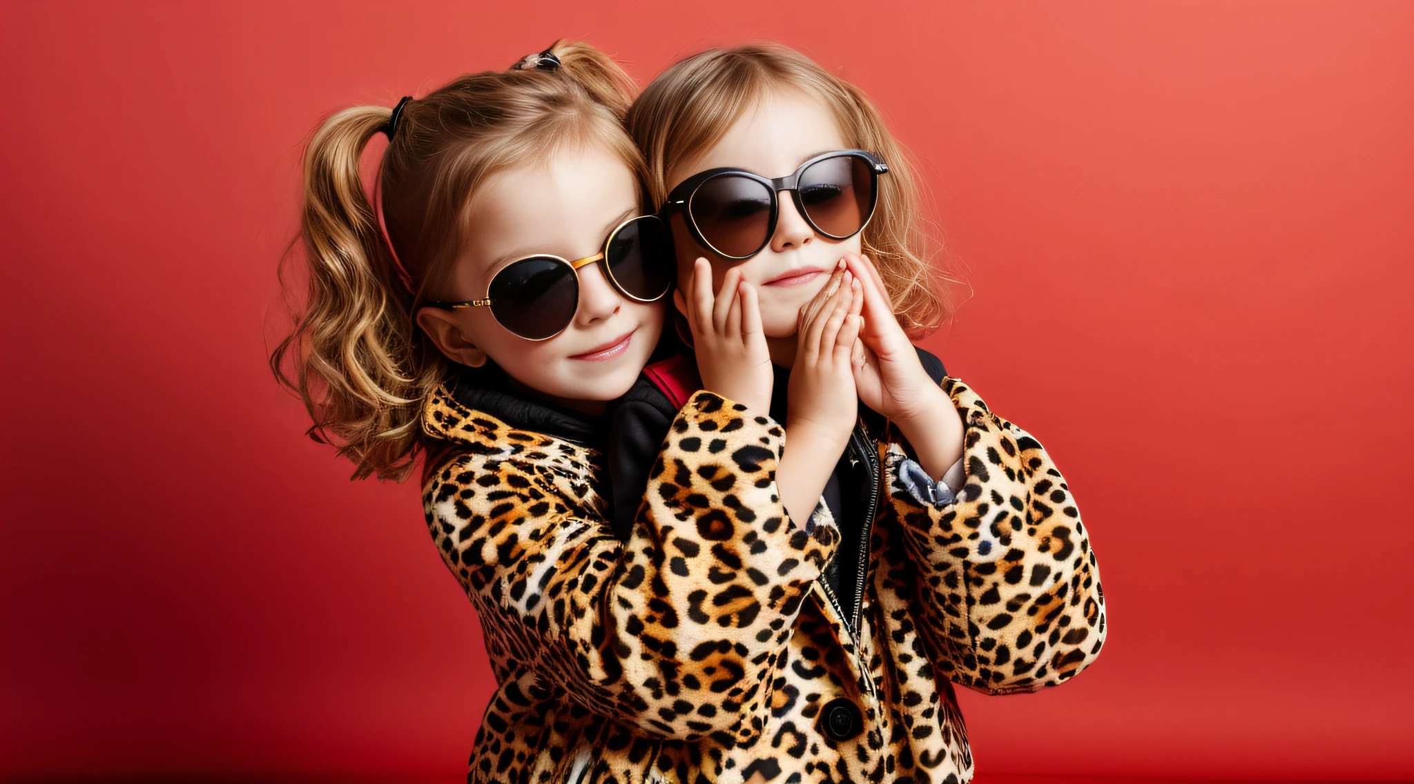 blonde girl with leopard coat and sunglasses covering her face, with sun glasses, wearing cool sunglasses, , fundo vermelho.