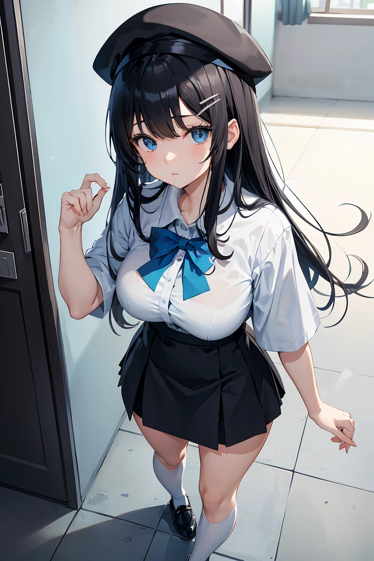 最high quality、Best image quality、masterpiece、With a girl((cute、20-year-old、Best Bust、Medium Bust、Bust 85,Beautiful Blue Eyes、Spread your chest wide,Long black hair、Slender、The best valley、、Blue Y-shirt、White short skirt,Show the whole body、Black perforated gloves,Blue Mesh,The gesture of lifting one&#39;s hair、Leaning forward greatly)）high quality、Beautiful art、background((School、School zone、Strong winds)),Tabletop、Exquisite design、Visual Arts、Depth of written boundary、Best lighting、Highest detail、8ｋ