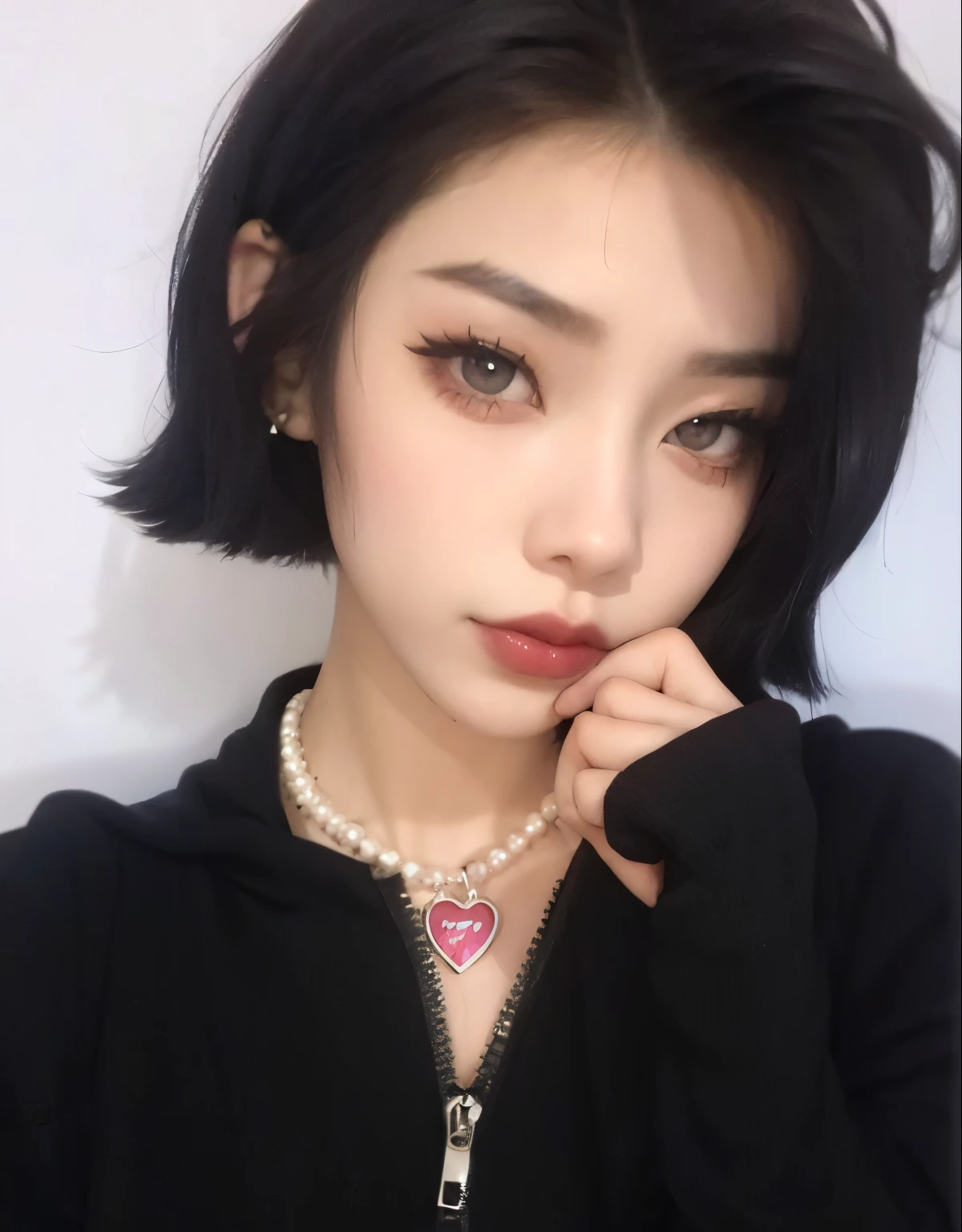 un primer plano de una persona con un collar y un collar, cruel korean goth girl, ulzzang, maquillaje popular de Corea del Sur, Chica coreana, maquillaje coreano popular, Small heart-shaped face, Wan adorable cara coreana, 1 7 - year - old goth girl, con el pelo corto, goth girl aesthetic, 1 7 - year - old anime goth girl