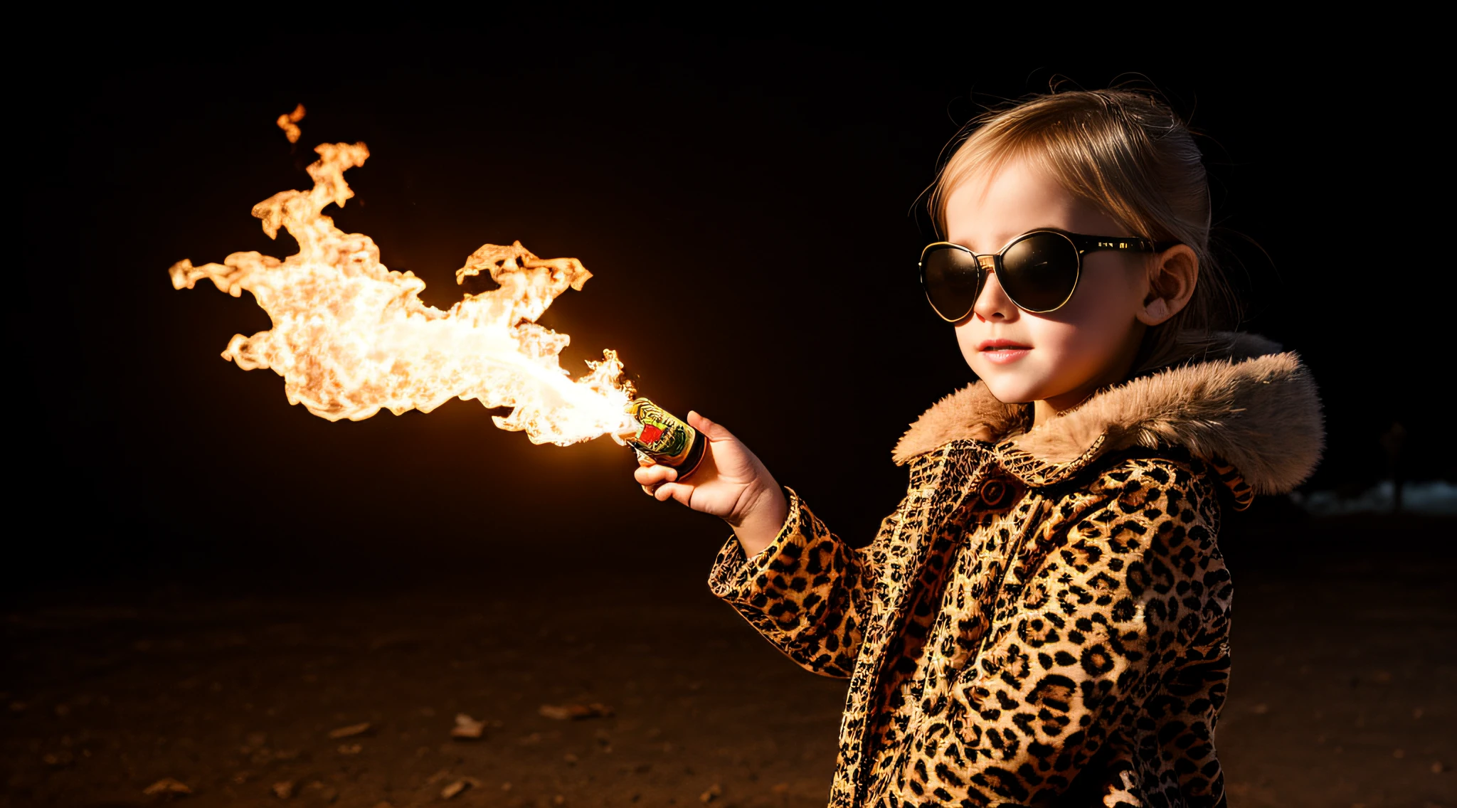 blonde girl with leopard coat and sunglasses covering her face, with sunglasses, holding a fireball in his hands. fundo escuro