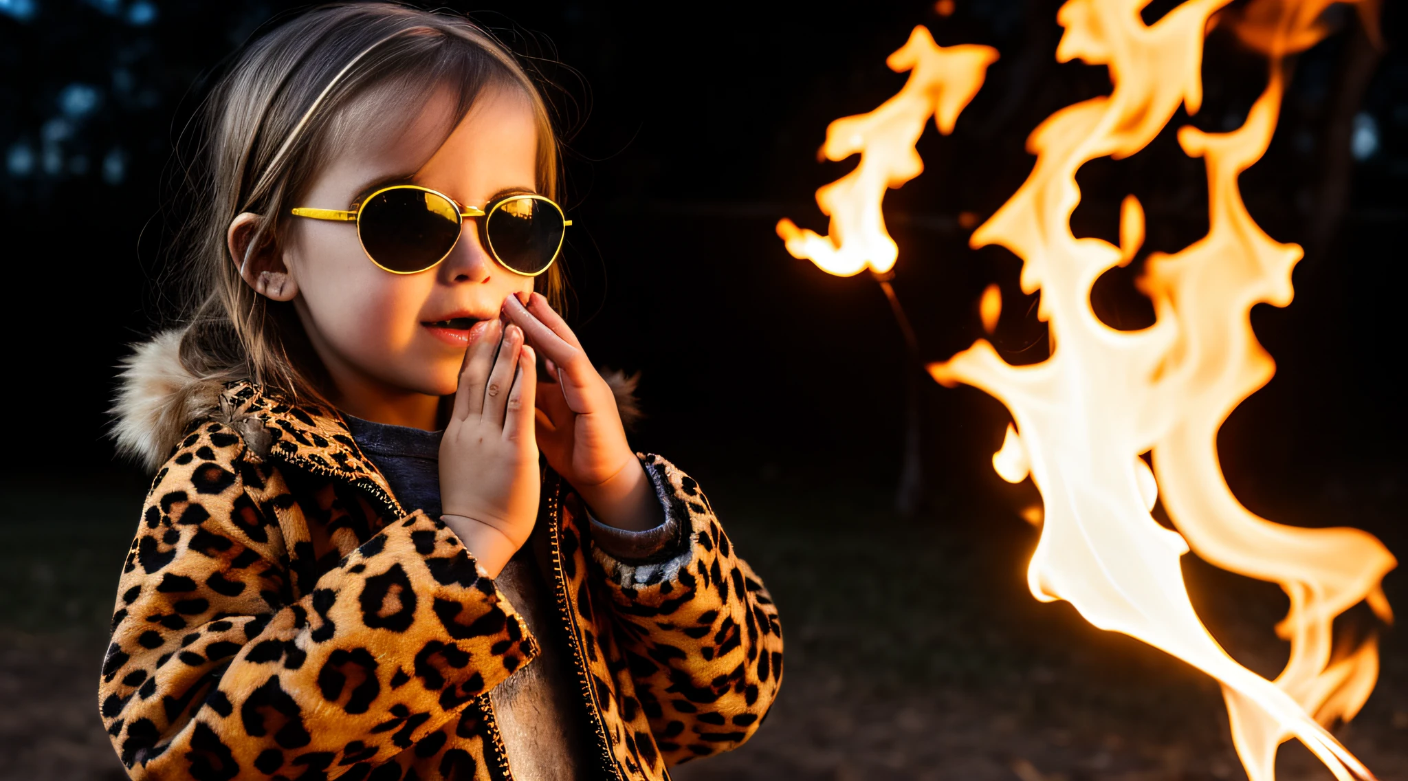 blonde girl with leopard coat and sunglasses covering her face, with sunglasses, holding a fireball in his hands. fundo escuro