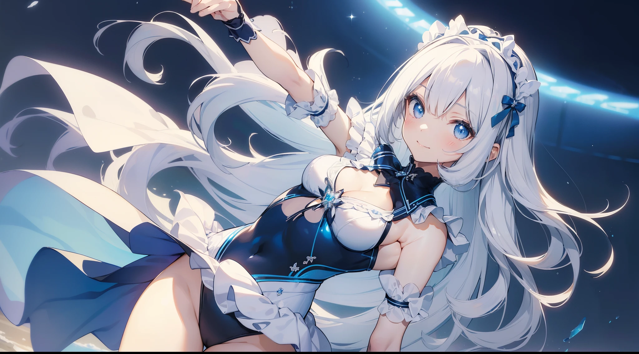 ((masterpiece:1.4、top-quality:1.2))、1girl in、solofocus、delicated face、Highly detailed anime faces and eyes、(Blur the background:1.3、(transform sequence)、((stright long hair))、Soio、Soio、a 14 year old girl、japanes、Lori、Chiquita、a junior high school student、A dark-haired、((White and blue maid style leotard))、(highleg)、Tiara on the head、A smile、is standing、Facing the front、cowboy shot、