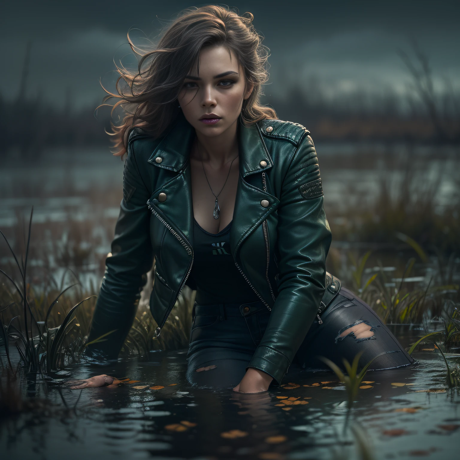 (woman in a leather jacket drowns in a swamp,shabby jeans,sexual madness),(Best Quality,4k,8K,hight resolution,Masterpiece:1.2),Ultra-detailed,(Realistic,Photorealistic,photo-realistic:1.37),Oil Painting Style,Portrait,shades of dark green,soft and moody lighting
