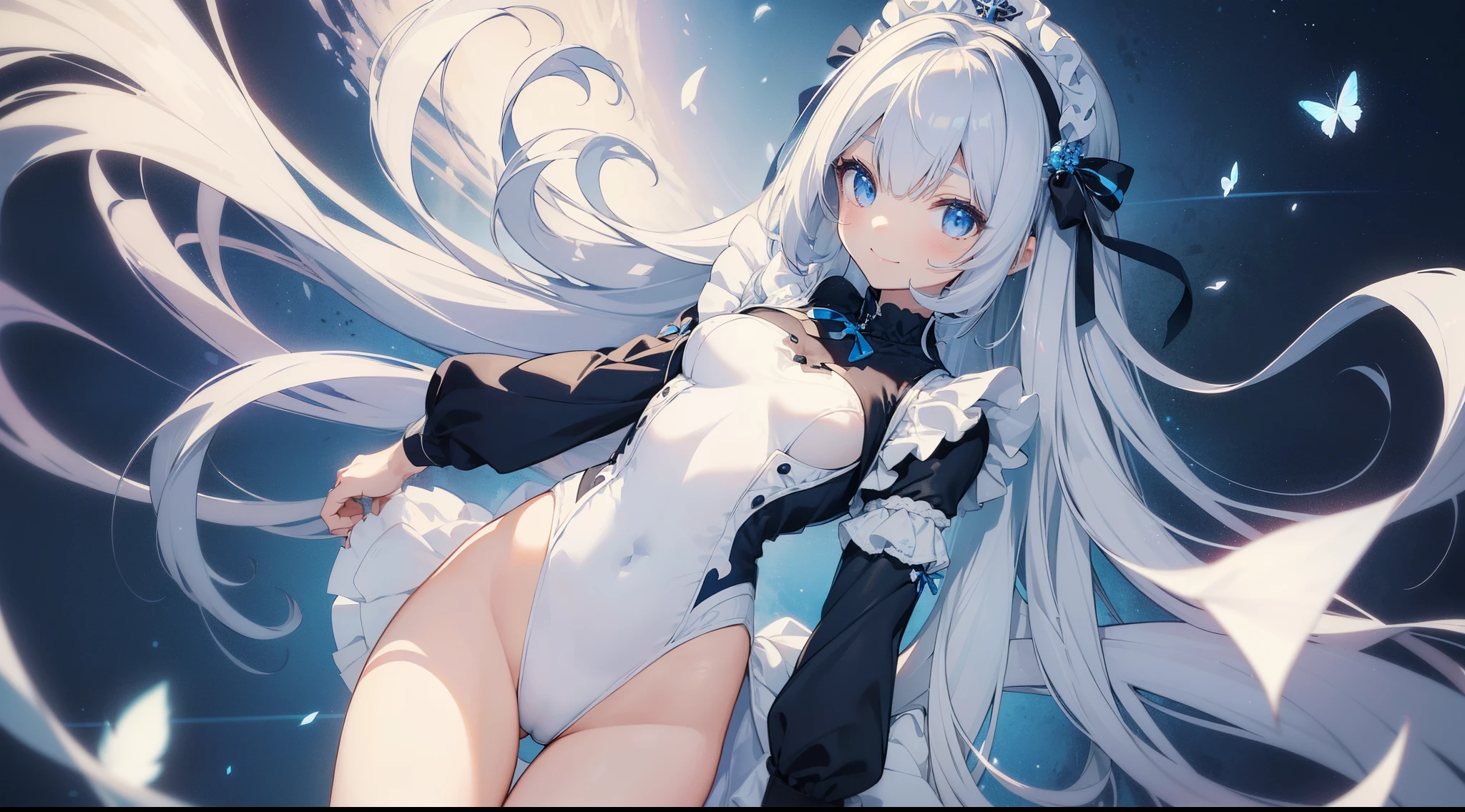 ((​masterpiece:1.4、top-quality:1.2))、1girl in、solofocus、delicated face、Highly detailed anime faces and eyes、(Blur the background：1.3、(transform sequence)、((stright long hair))、Soio、Soio、a 14 year old girl、japanes、Lori、Chiquita、a junior high school student、A dark-haired、((White and blue maid style leotard))、（highleg）、Tiara on the head、A smile、is standing、Facing the front、cowboy  shot、