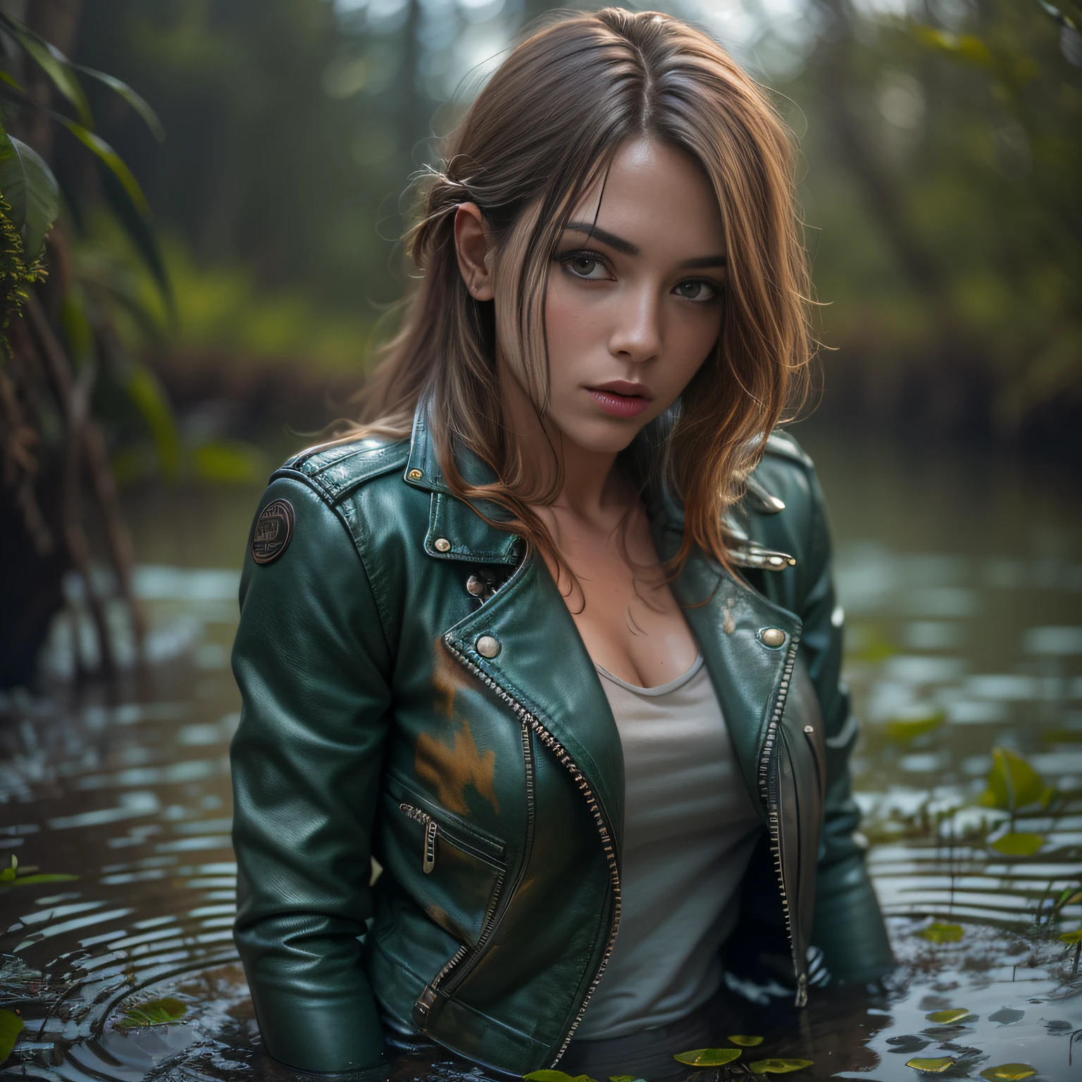woman in a business suit is standing in the lagoon, dark woollen suit, white blouse, loose tie, dark woollen jacket, waistcoat, closeup fantasy with water magic, beautiful maiden, tight clothing, wet clothing, realistic oil painting, bright sunshine, dripping wet, in water up to her shoulders, beautiful realistic painting, hyperrealist portrait in a river, fully clothed, cute shot, narrow depth of field, 8k, drenched, ((soaked)), dripping water, dripping oil, heavy clothes, soaked in oil, wet all over, rouge lipstick, wet dripping hair, faint smile, renatadaninsky
