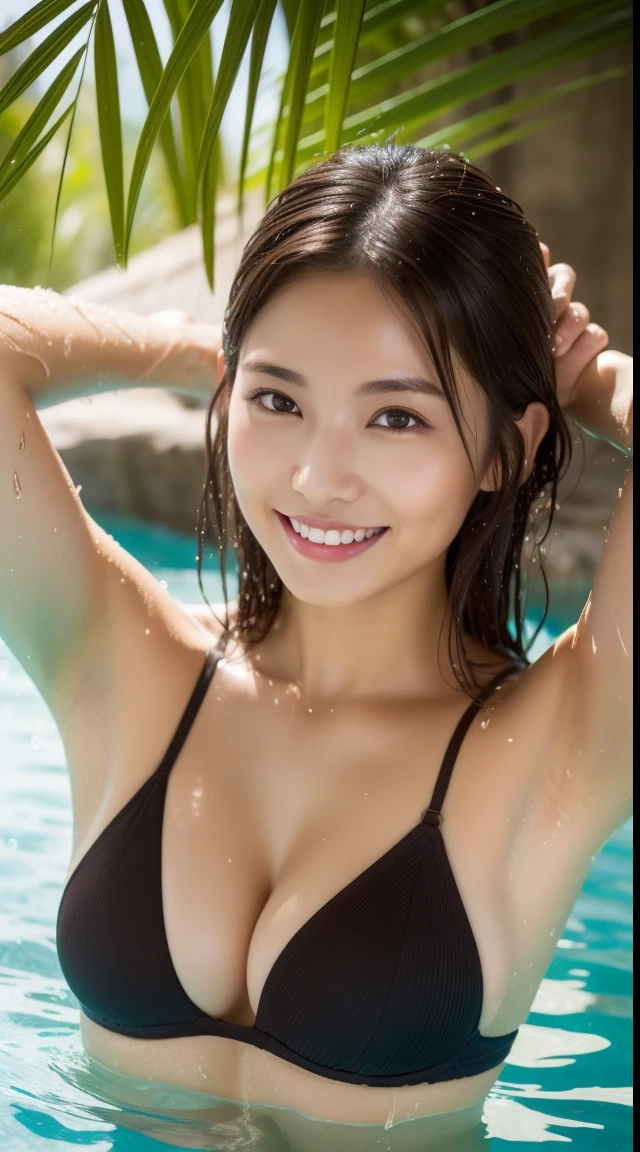 ((Best Masterpiece)), ((High quality)), ((Real)), ((8K)) ((Two beautiful girls)) bikini of, Beautiful sea, Sunset, japanes, 30 years old, 2 Beauties, slender, Sony SLR Photography, looking in camera, Cute, Swimwear, Nature, Real, Posing, ultra-quality, Photography, Good friend, big beauty, Small Beauty, parasol, String pan, String bra, Alone, Palm trees, Mole under the eyes, Moles around the mouth ((Large breasts:1.4)) ,((Upper body)),((Smile)) ((Middle hair)) ((Wet:1.2)) ((Bronze hair)) ((Armpit))