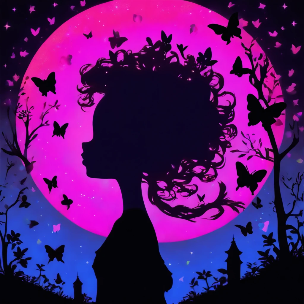 (Silhouette Art,cutouts:1.6)
(((Paper cutting art,A world where only night exists:1.3), heart moon, solo, colorful backlighting, glowing highlight,intricate masterpiece, digital art
(Cowboy Shot),1 girl,Solo,
Black girl, Clear and beautiful detailed face,15 Nights, butterflies
break
(Silvery Moon)
Gradients Blue textured glass background,Arcana World
