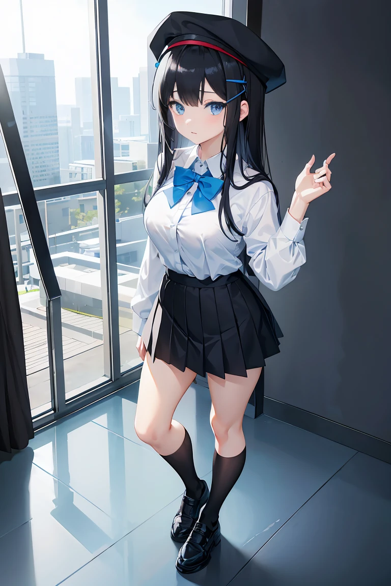 an anime girl, 1 person, black hair, hair clip on the right side of her bangs, black cap, light blue eyes, white women's shirt, small light blue bow on the chest, office uniform, shirt close-fitting, tight skirt, stockings,full body, big breasts, front view, solo