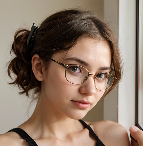 Gere uma imagem realista de uma jovem exploradora digital chamada . Ela tem 25 anos, tem olhos castanhos expressivos e cabelos pretos com brilho natural. Its appearance is vibrant and authentic, reflecting a mix of curiosity and elegance. Vista-se com estilo steanpunk, (with steanpunk glasses on top of her hair)