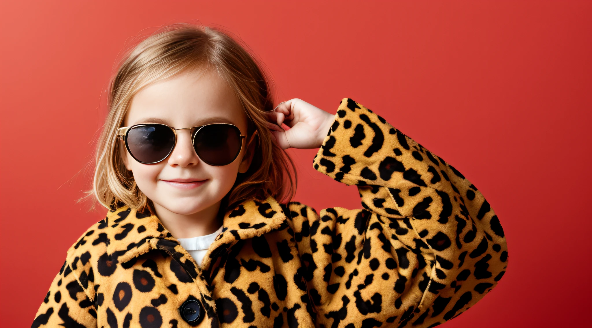 blonde girl with leopard coat and sunglasses covering her face, with sun glasses, wearing cool sunglasses, , fundo vermelho.