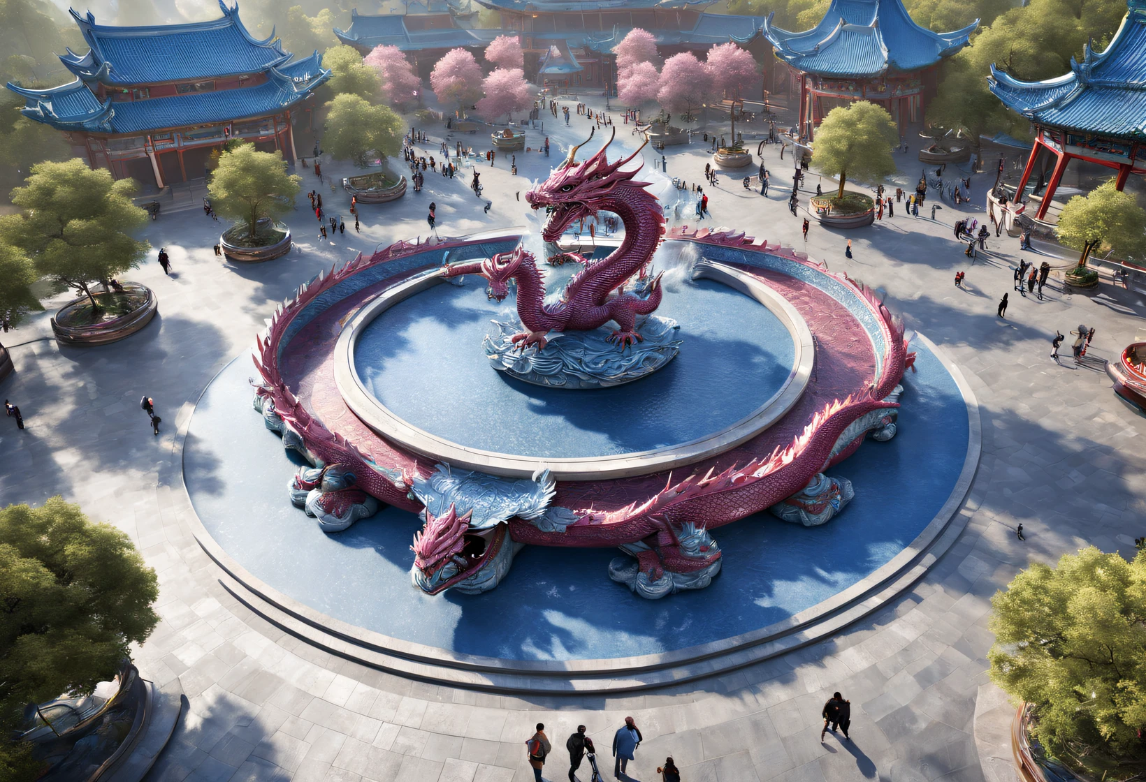 (Very unified cg scene design), (Aerial photography of cloisonné blue and white porcelain theme park circular square Longquan), （lots of people），Carefully designed using European and American designs， The structure is very delicate, The texture is very clear, Super beautiful pattern, Asymmetrical balance, (magenta) Carmine+(blue white colors) blue blue blue blue+(tin foil gold) soybean, Ultra-clear texture, glyptic, Ultra-clear screen, Fantasyart, ultra-realistic realism, 3D, c4d,, from a top-down perspective,