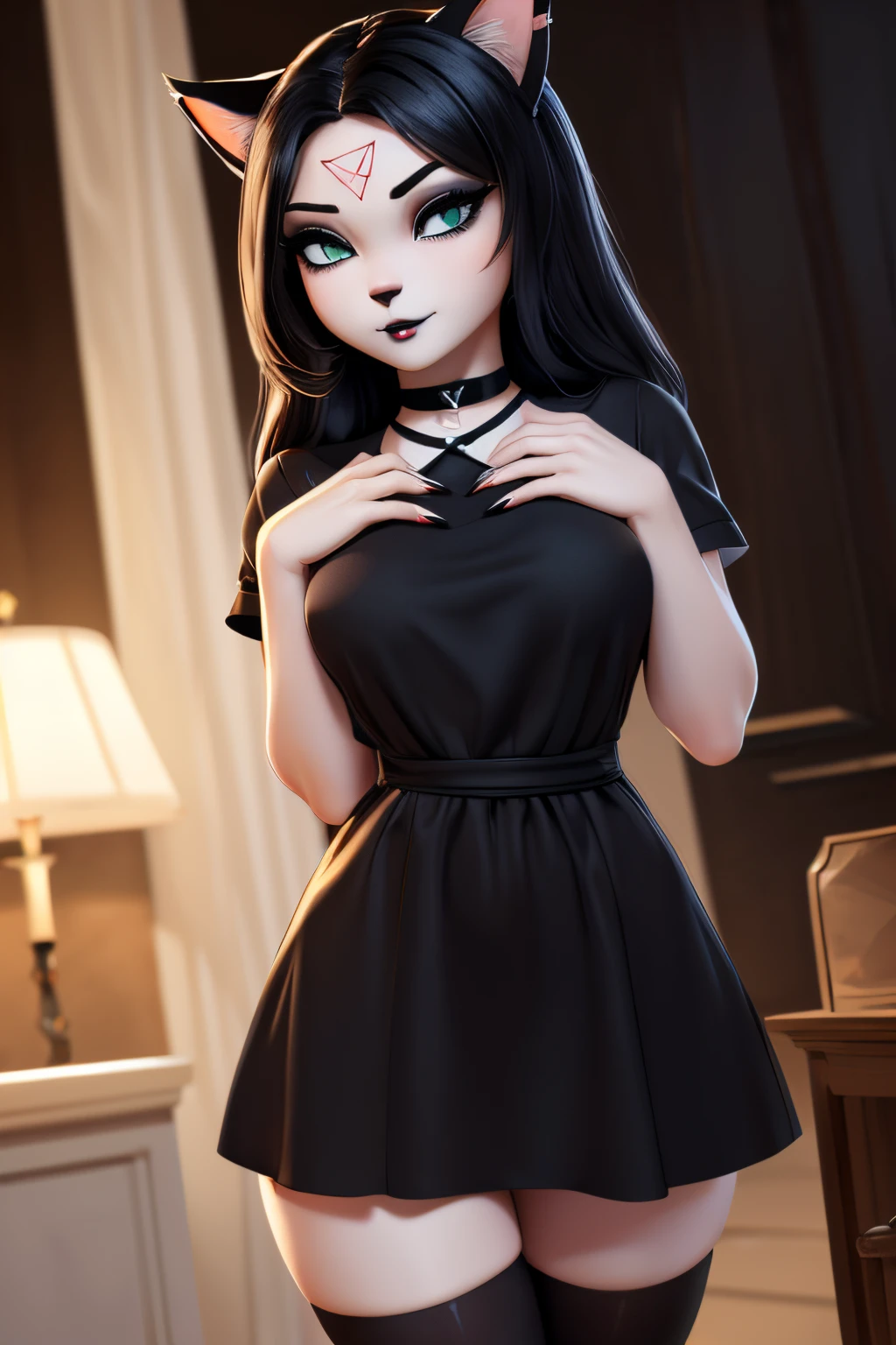 ((ultra quality)), ((tmasterpiece)), beautiful young girl - Clarie, Small stature, witchy, furry cat, ((Green, Very long)), ((there are only cat ears)), ((there is a cat&#39;s tail in the back)), (Beautiful cute face), (pentagram on the forehead), (black make-up, black lipstick), (beautiful female lips), Charming, (beautiful cat nose), ((seductive expression)), looks at the camera with a gentle smile, eyes are slightly closed, ((Skin color: white)), (there is cat hair on the body), Body glare, ((detailed beautiful female eyes)), ((kblack eyes)), (juicy female lips), (beautiful female hands), ((perfect female figure)), perfect female body, Beautiful waist, black claws, gorgeous big thighs, beautiful breasts, ((Subtle and beautiful)), seductively worth it (close-up of the face), (wearing a black dress with short sleeves, White collar, black stockings, chocker on neck) background: dark forest, Mysticism, ((Depth of field)), ((high quality clear image)), (crisp details), ((higly detailed)), Realistic, Professional Photo Session, ((Clear Focus)), the anime, NSFW